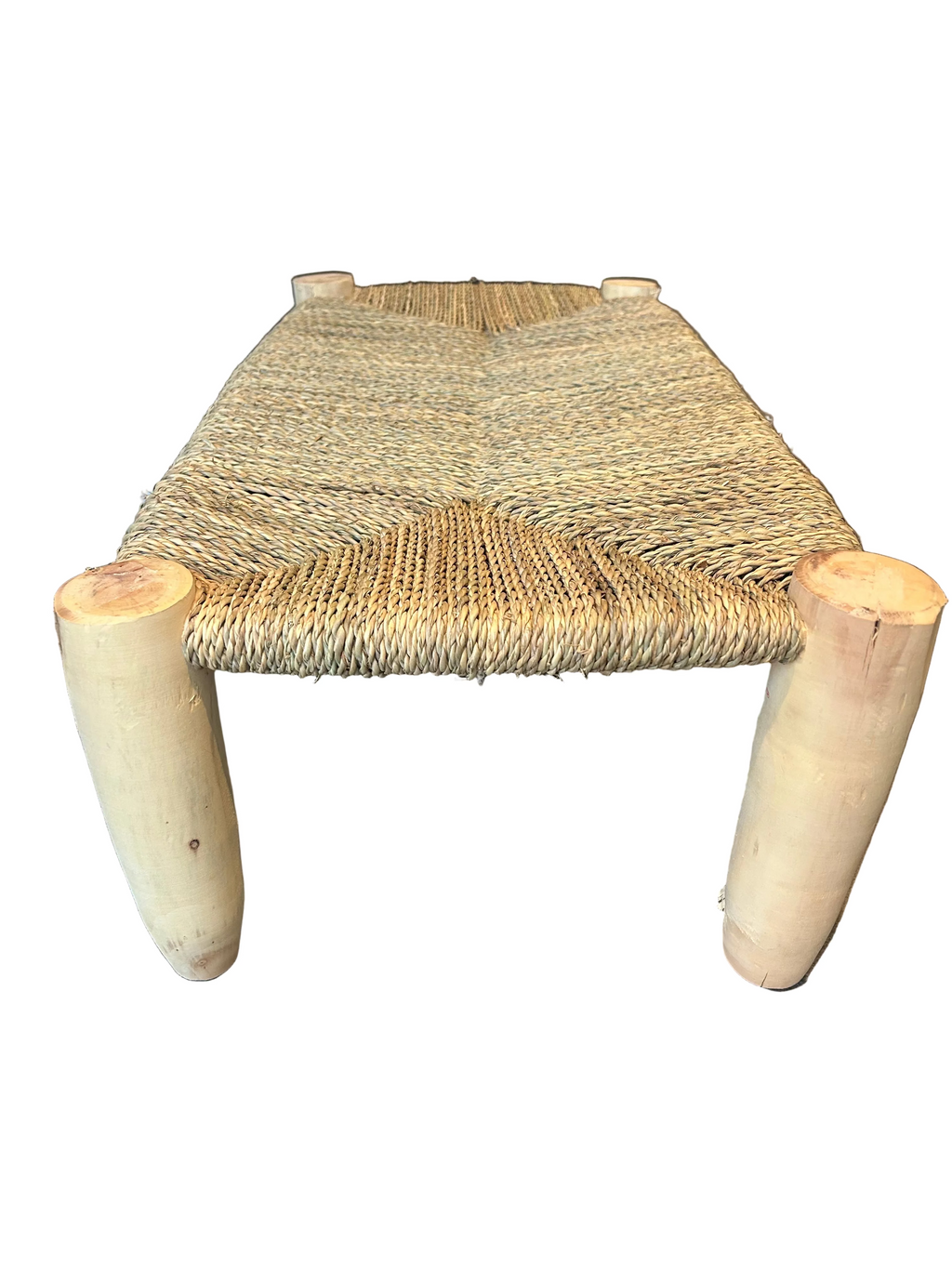 Banc en bois d'eucalyptus et doum tressé — mobilier artisanal marocain, fait main au Maroc
