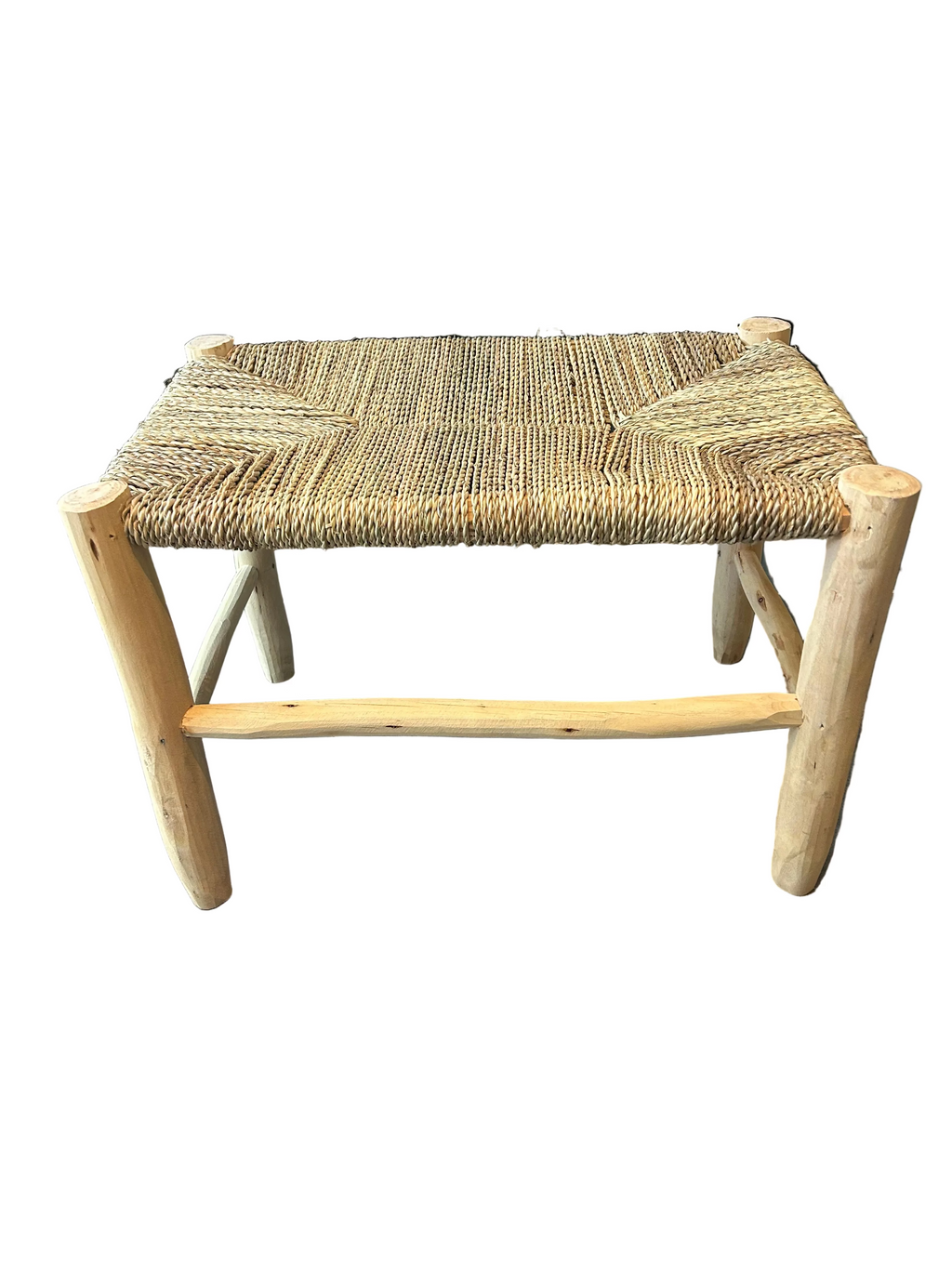 Banc en bois d'eucalyptus et doum tressé — mobilier artisanal marocain, fait main au Maroc