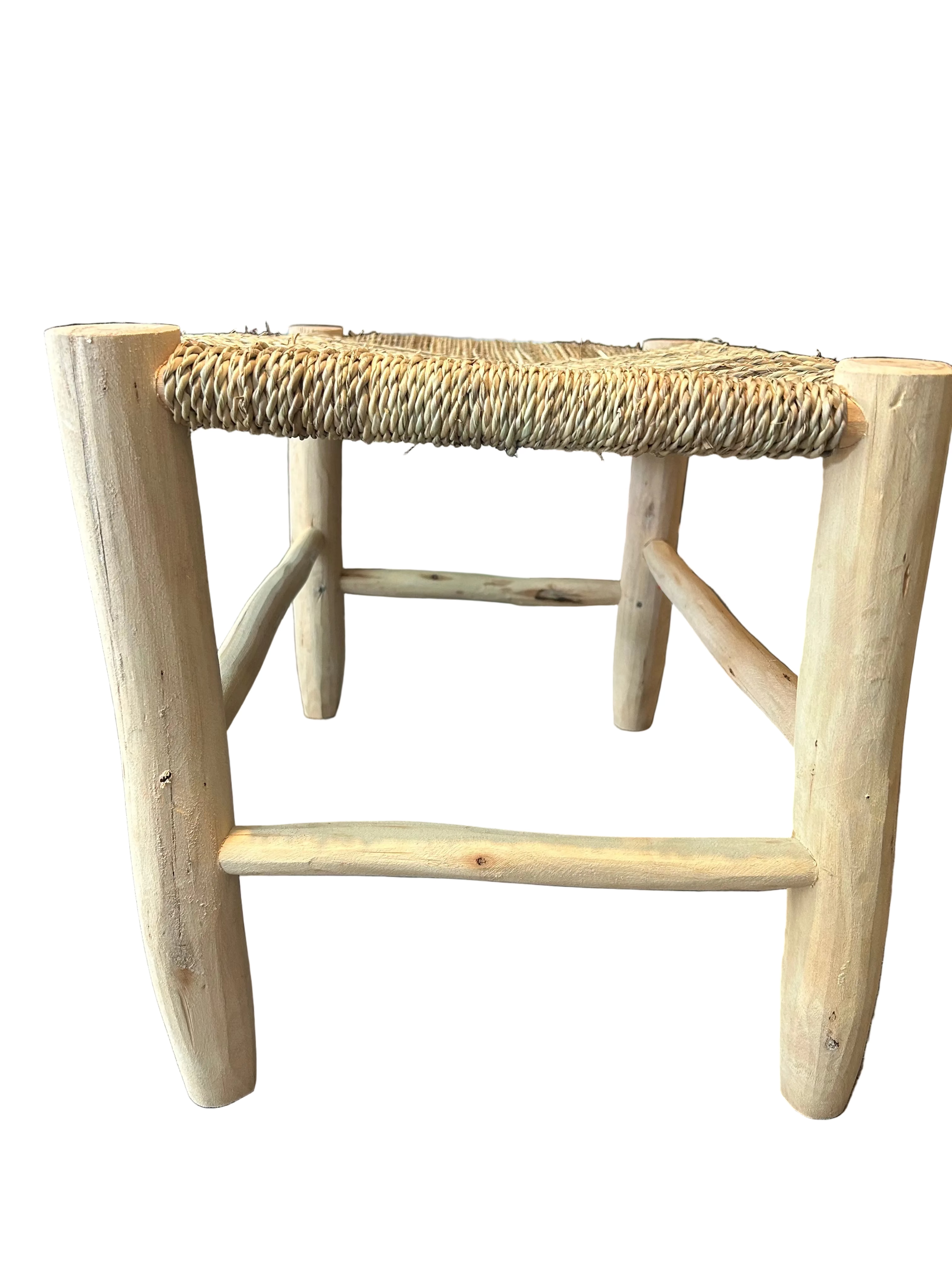 Banc en bois d'eucalyptus et doum tressé — mobilier artisanal marocain, fait main au Maroc