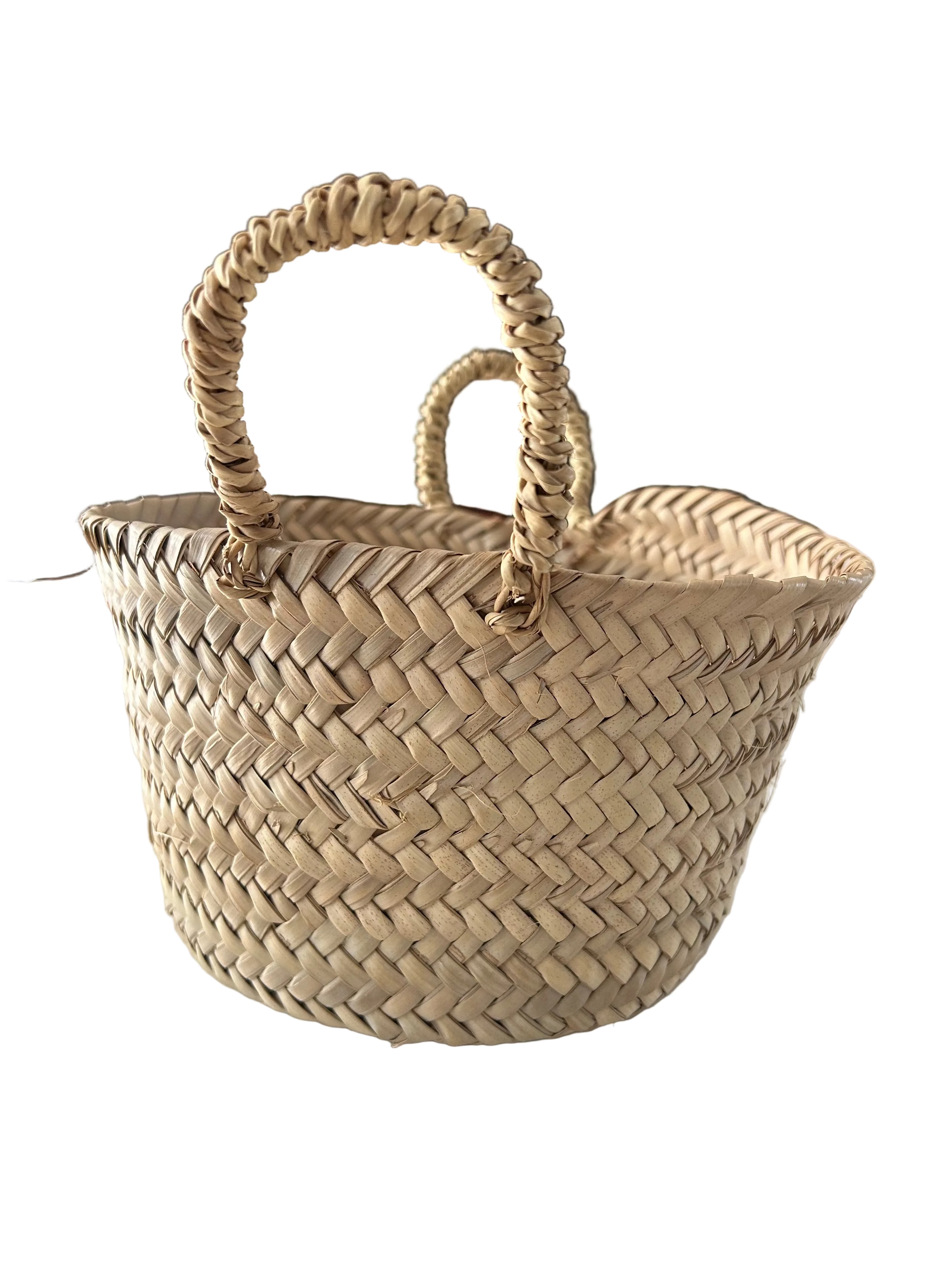 Petit panier à pain en fibre naturelle tressée et anses — fait main au Maroc