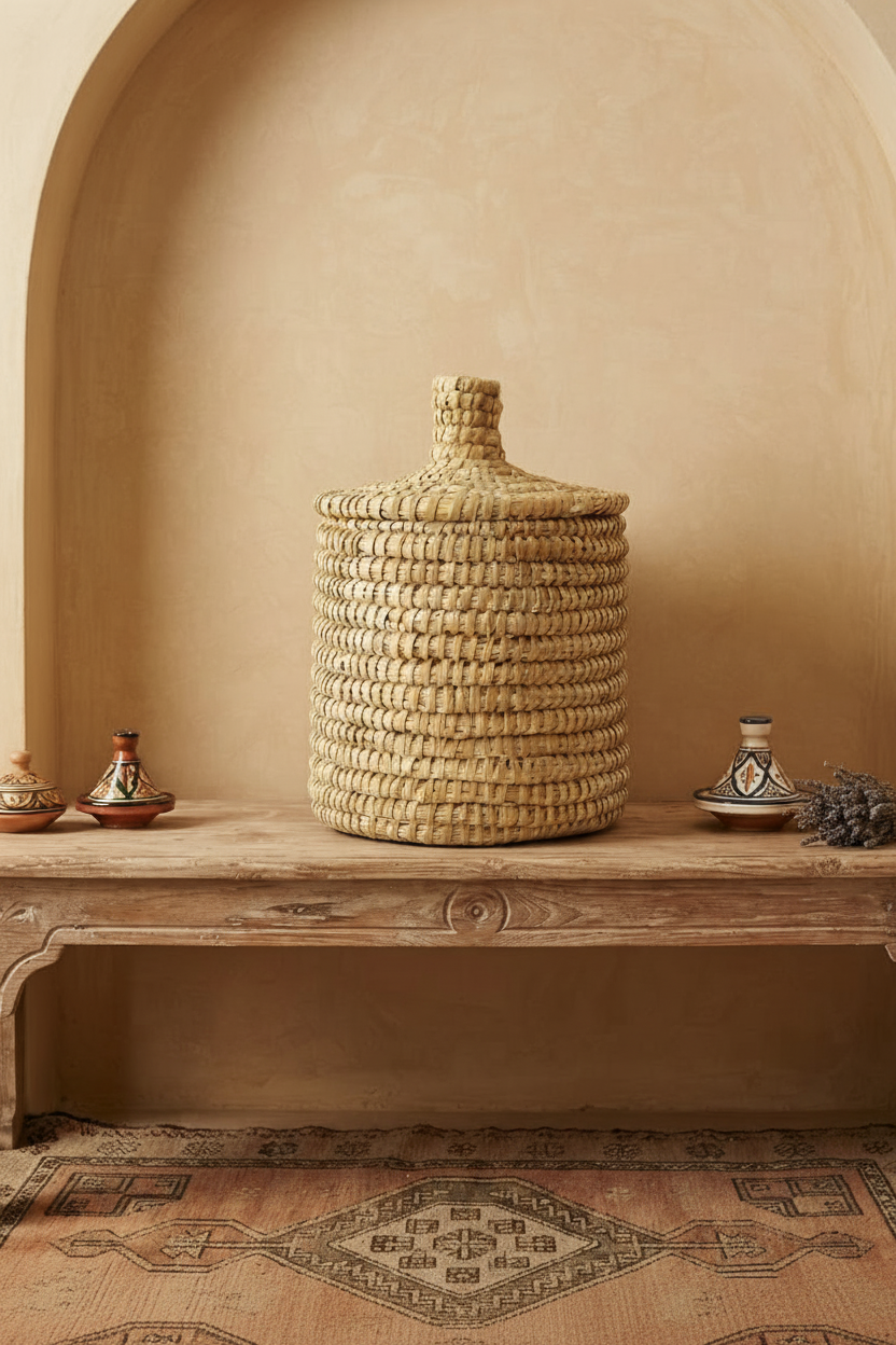 Panier marocain tressé avec couvercle en fibre naturelle — fait main au Maroc