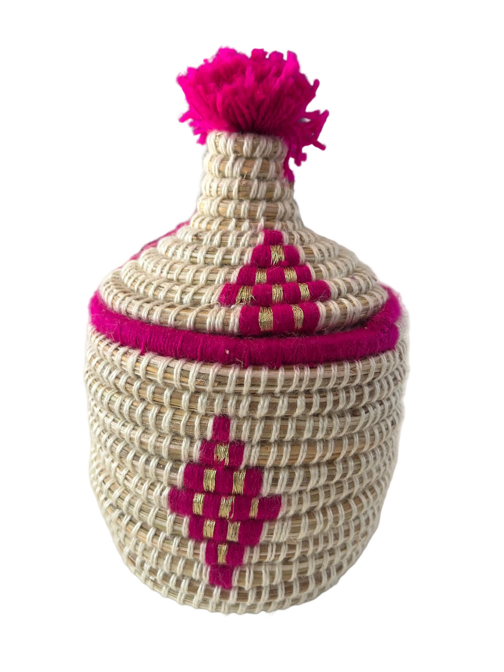 Panier berbère tressé avec couvercle et pompon fuchsia — artisanat marocain fait main
