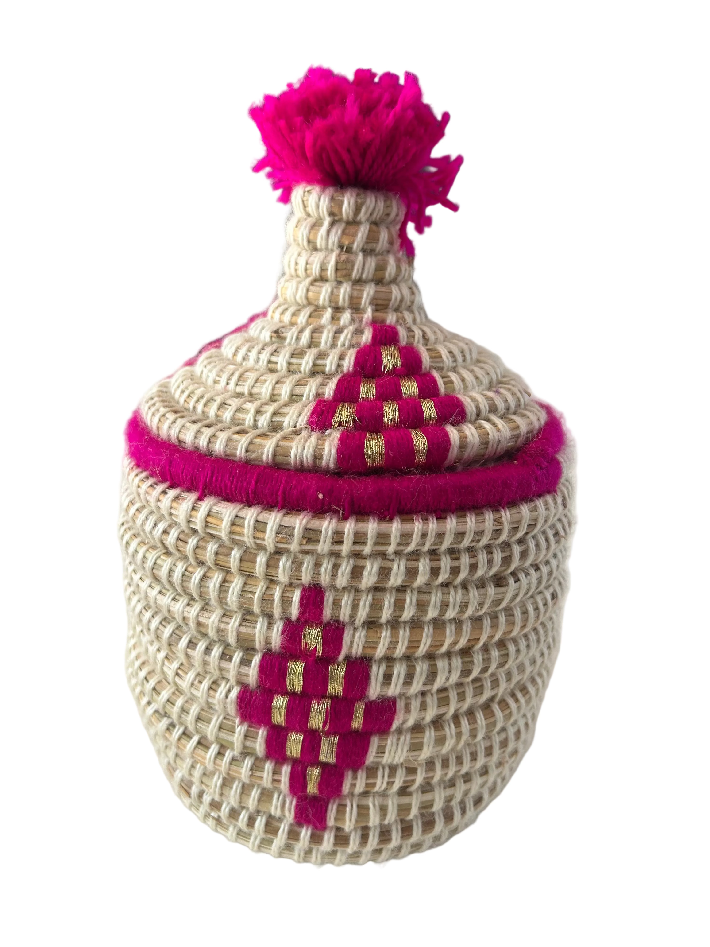 Panier berbère tressé avec couvercle et pompon fuchsia — artisanat marocain fait main