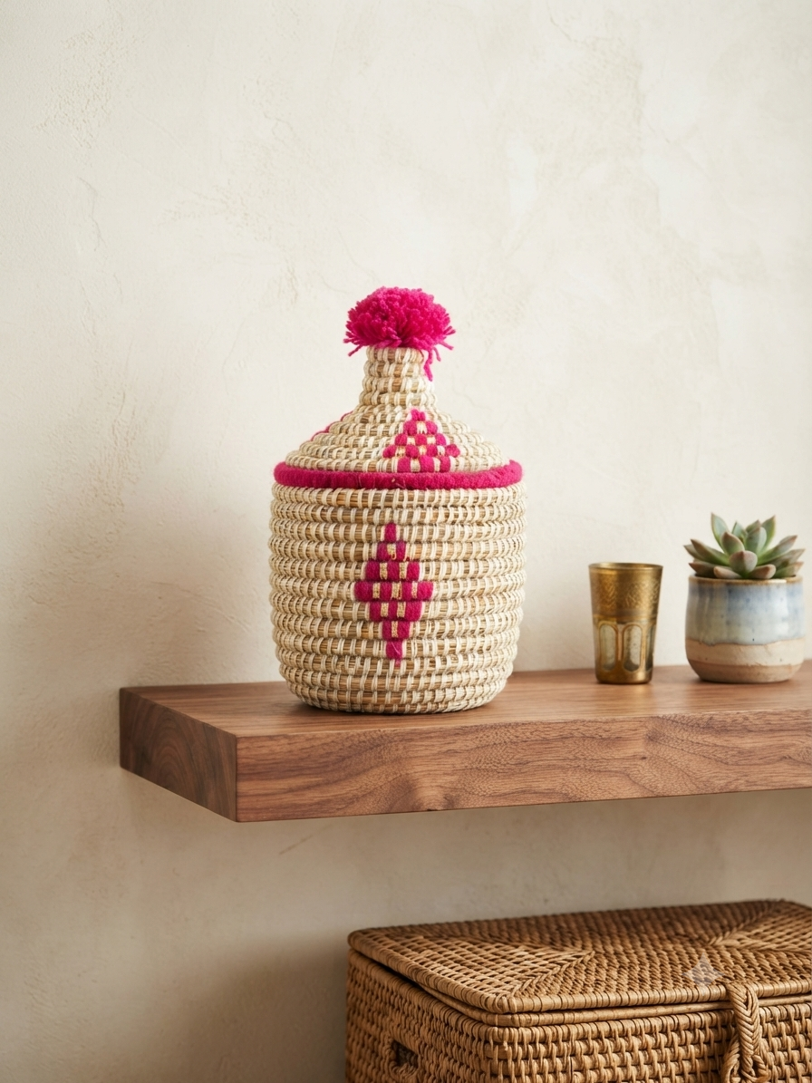 Panier berbère tressé avec couvercle et pompon fuchsia — artisanat marocain fait main