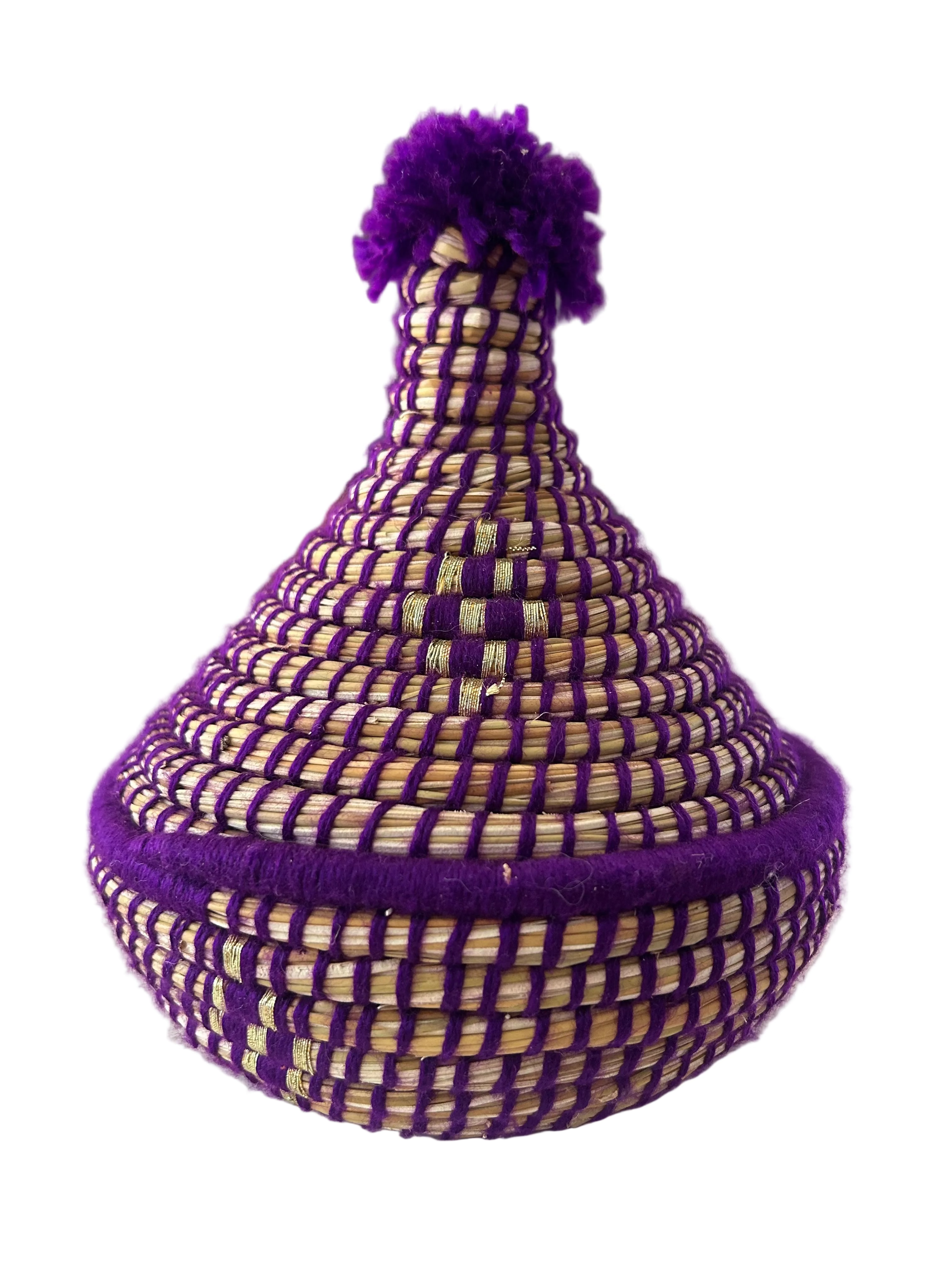 Petit panier berbère forme tajine en fibre naturelle et pompon — artisanat marocain fait main