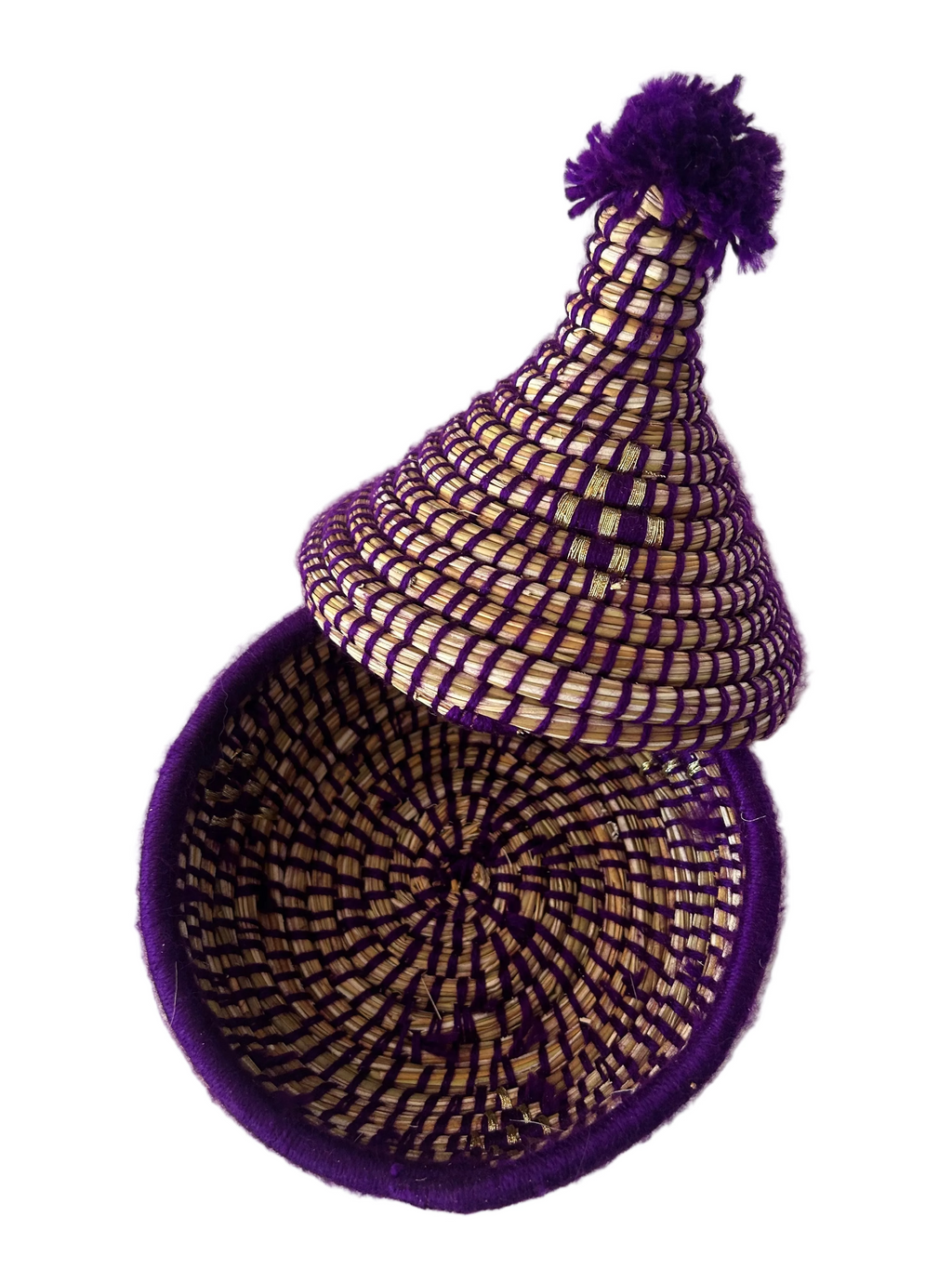 Petit panier berbère forme tajine en fibre naturelle et pompon  — artisanat marocain fait main