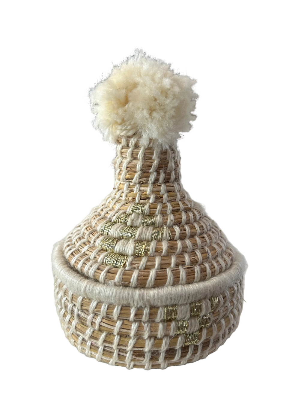 Petit panier berbère forme tajine en fibre naturelle et pompon blanc — artisanat marocain fait main