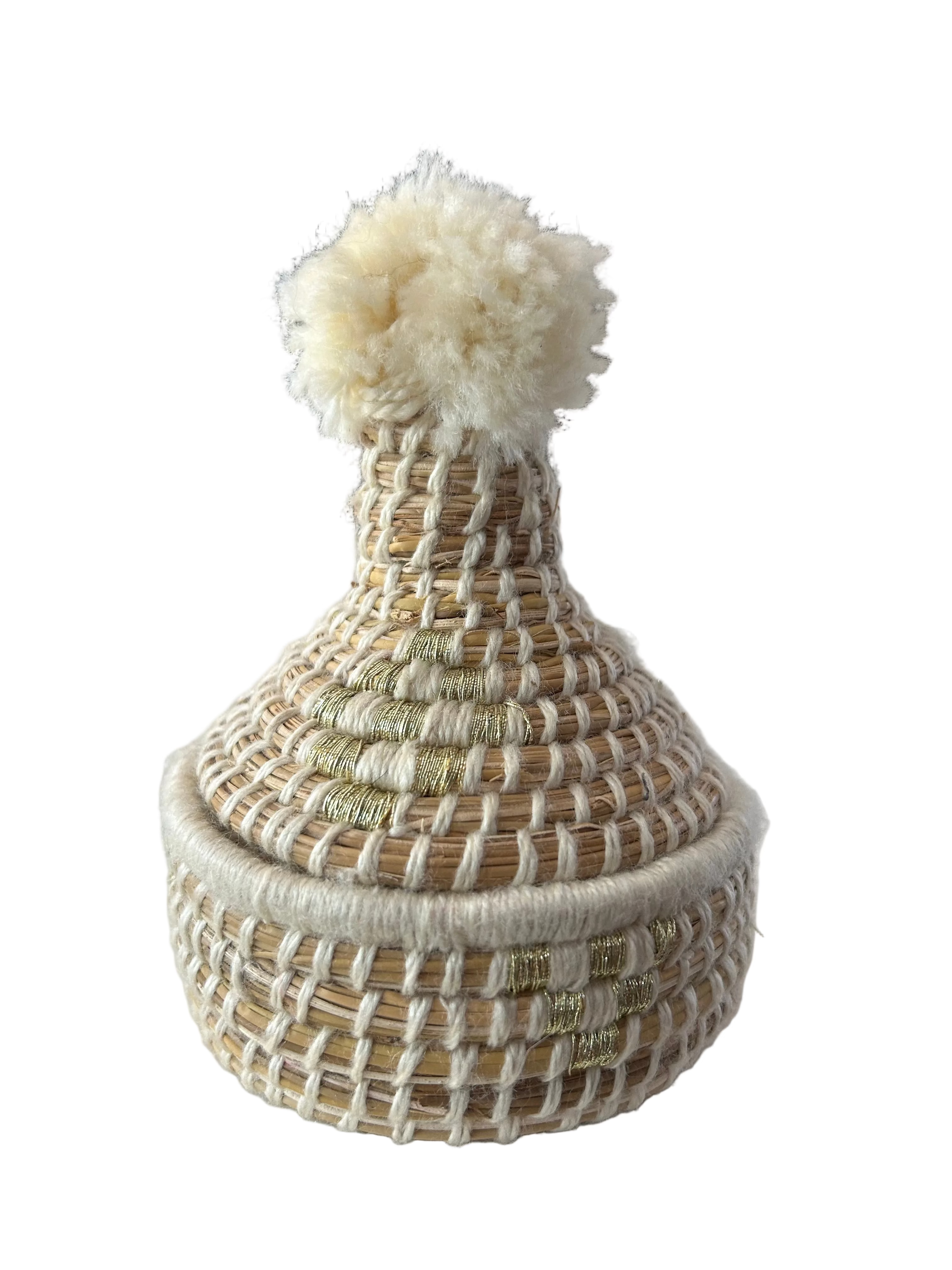 Petit panier berbère forme tajine en fibre naturelle et pompon blanc — artisanat marocain fait main
