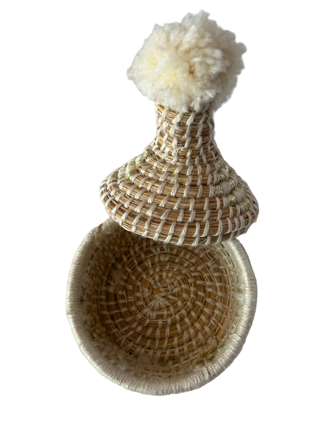 Petit panier berbère forme tajine en fibre naturelle et pompon blanc — artisanat marocain fait main