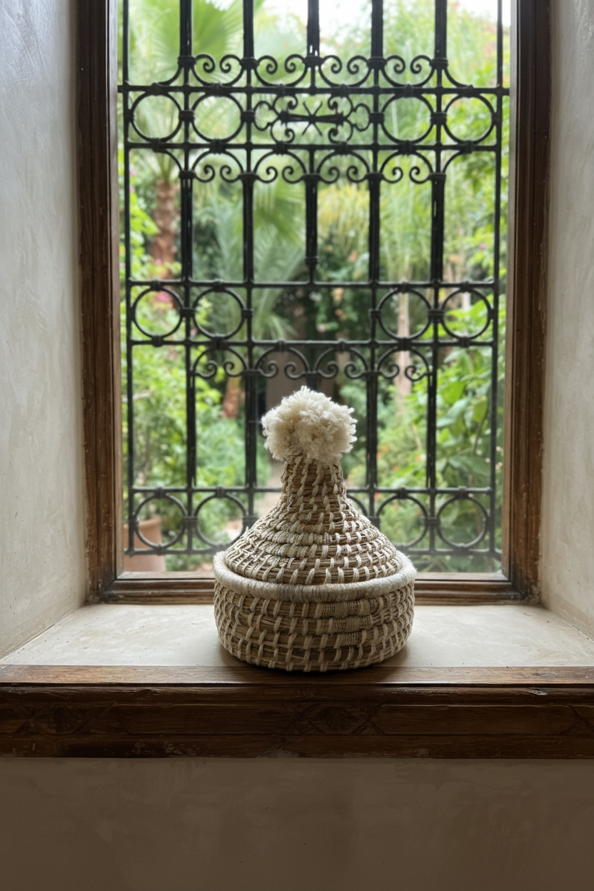 Petit panier berbère forme tajine en fibre naturelle et pompon blanc — artisanat marocain fait main