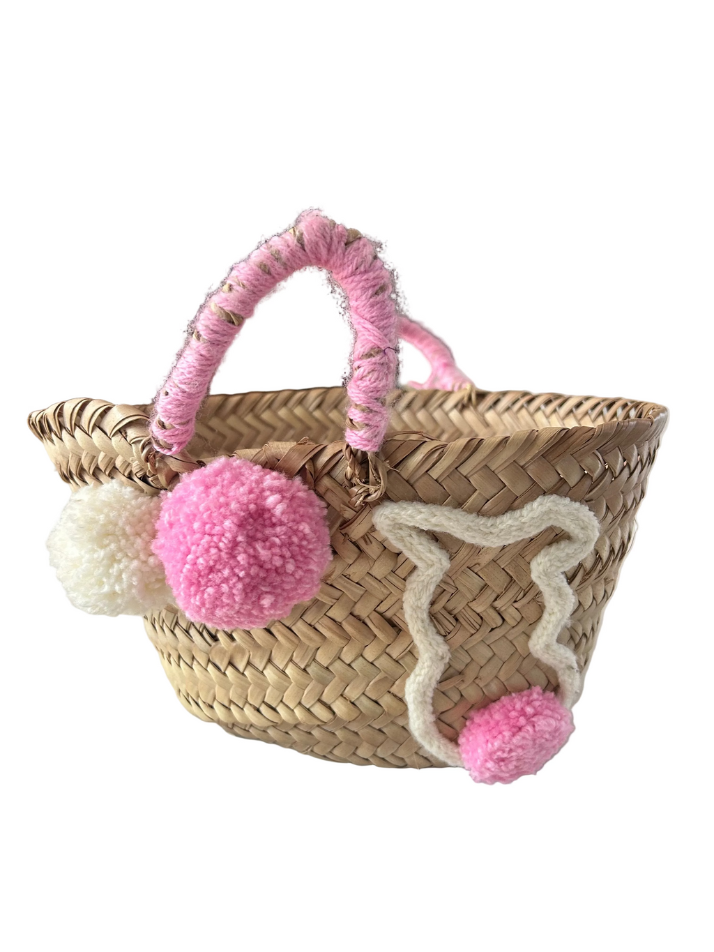 Panier enfant en fibre naturelle pompons rose et blanc — artisanat marocain fait main