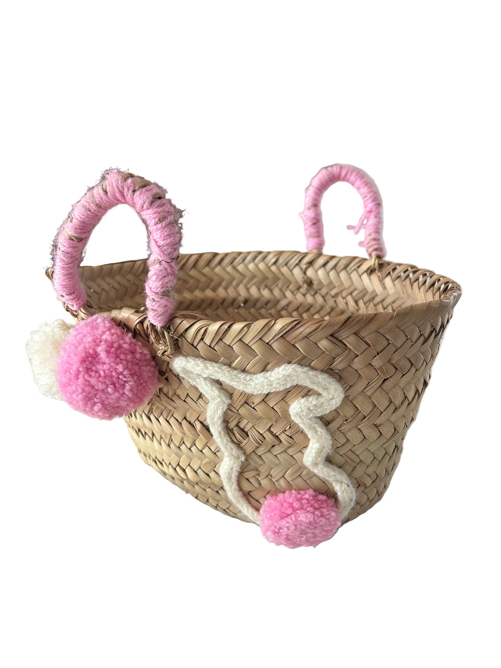 Panier enfant en fibre naturelle pompons rose et blanc — artisanat marocain fait main