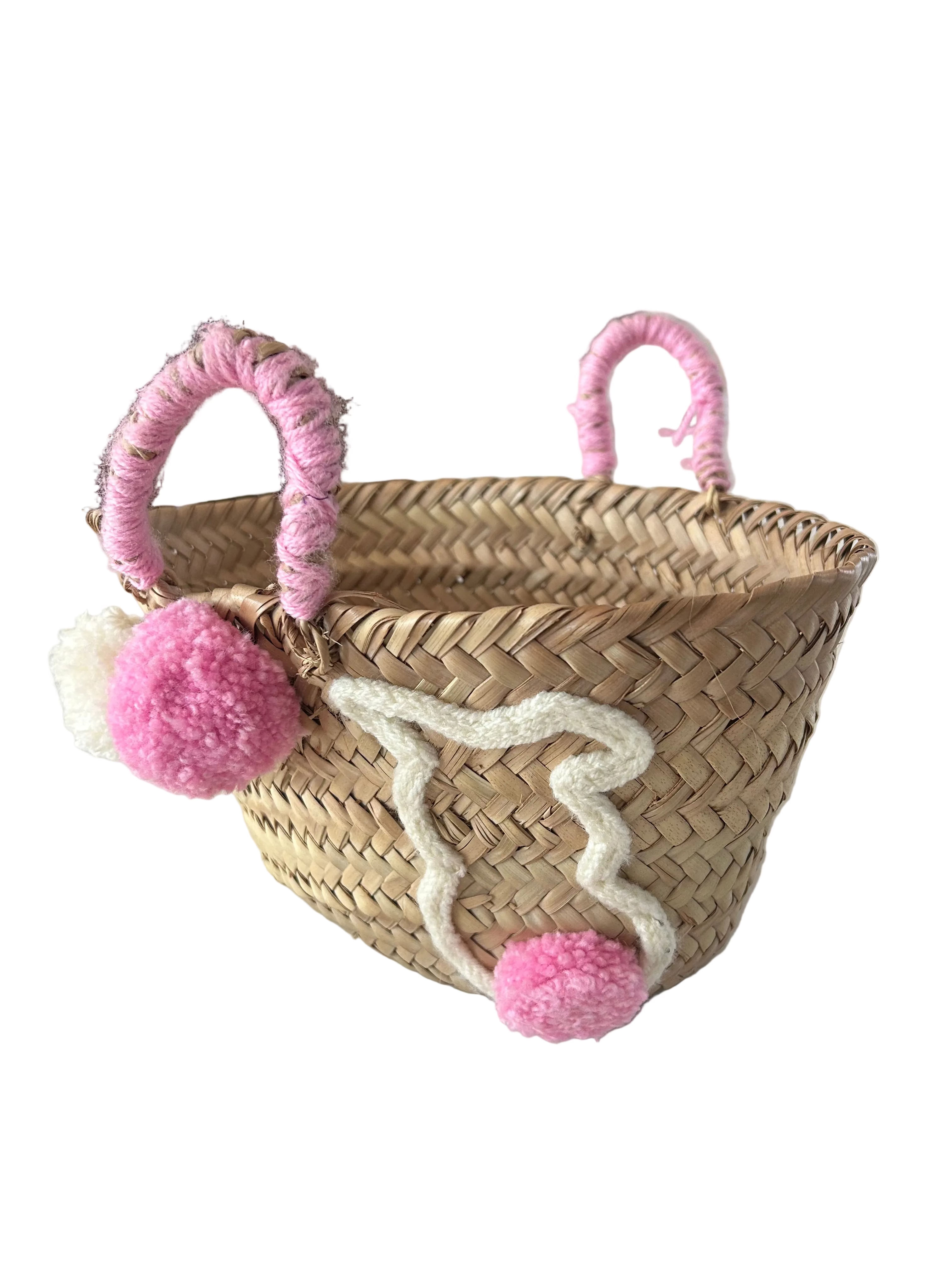 Panier enfant en fibre naturelle pompons rose et blanc — artisanat marocain fait main
