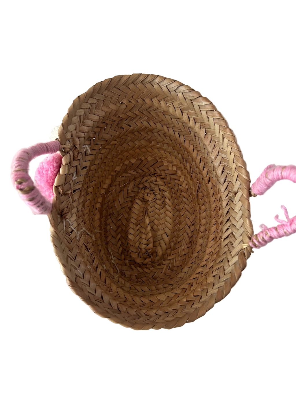 Panier enfant en fibre naturelle pompons rose et blanc — artisanat marocain fait main