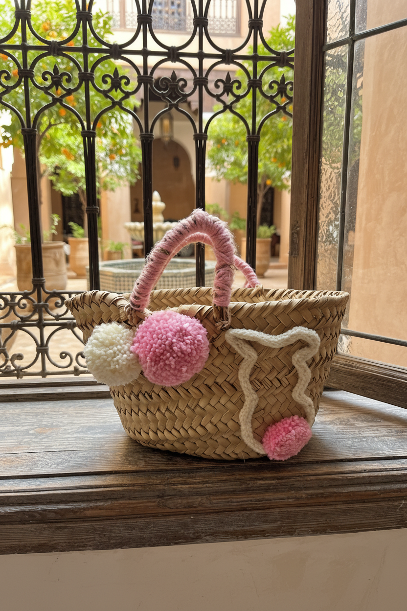 Panier enfant en fibre naturelle pompons rose et blanc — artisanat marocain fait main