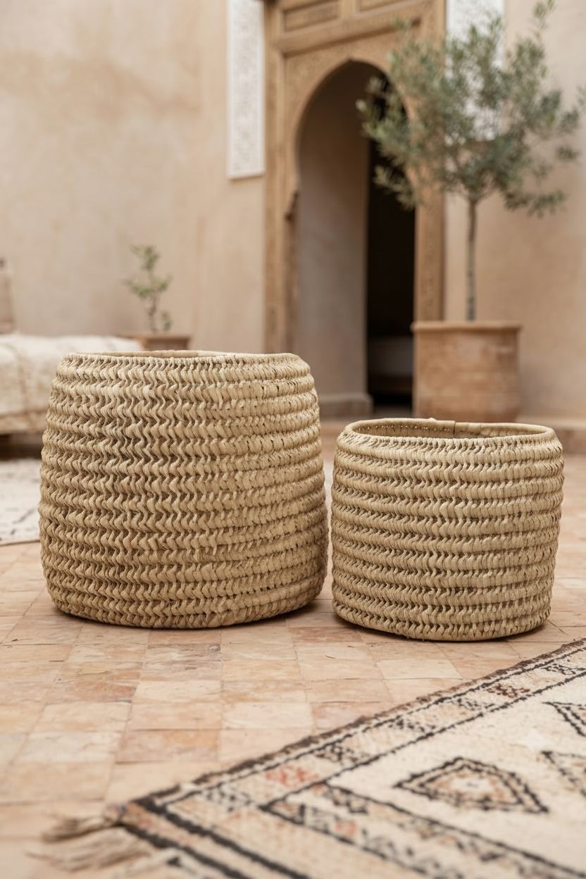 Lot de 2 paniers marocains tressés en fibre naturelle grand et petit modèle — fait main au Maroc