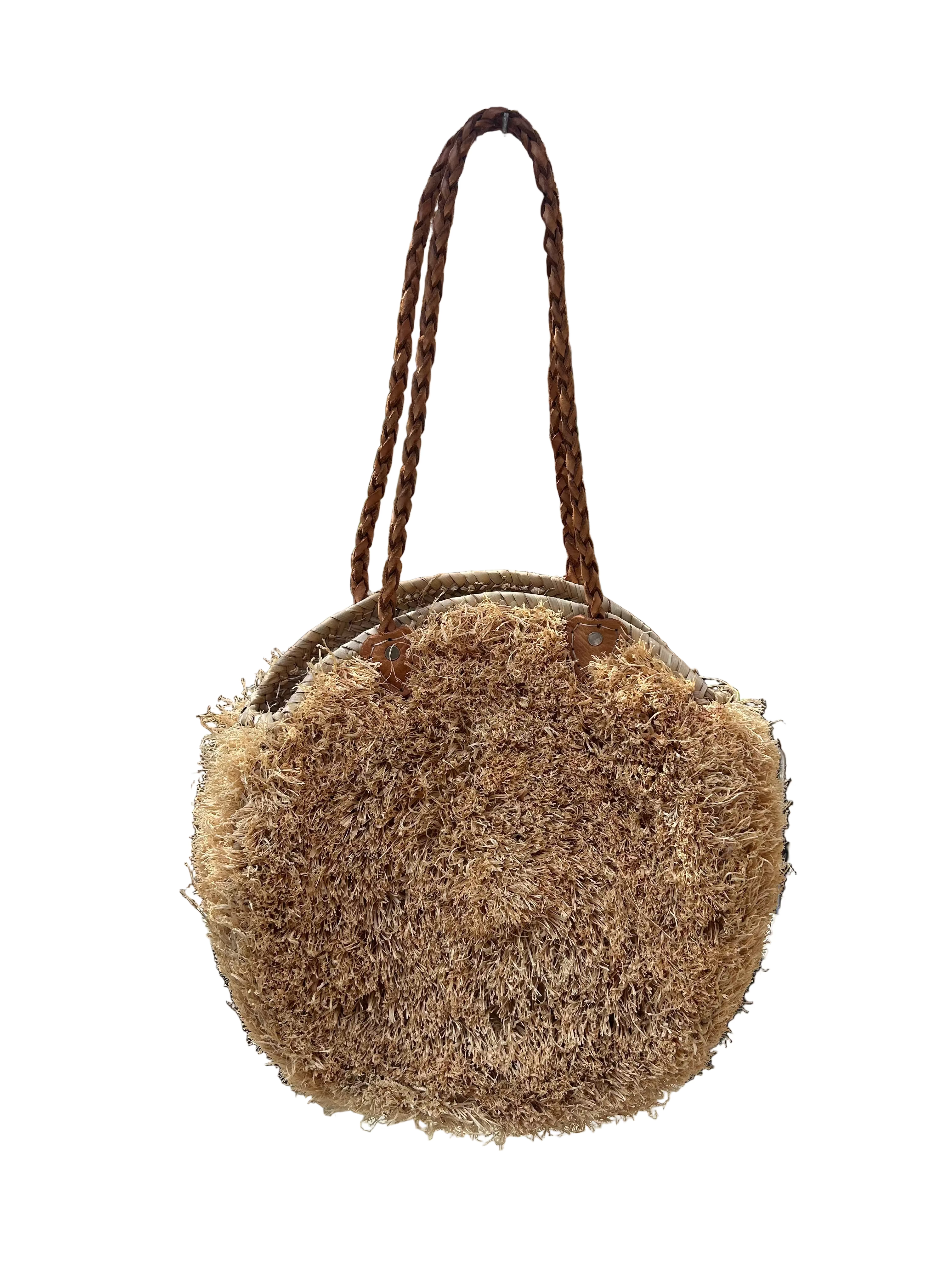 Panier rond en raphia frangé et anses cuir — décoration artisanale marocaine, fait main au Maroc