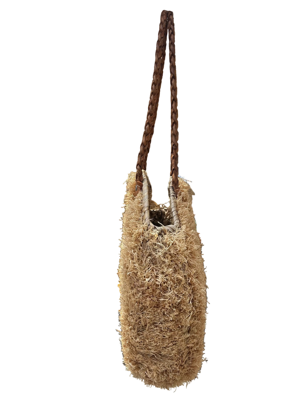 Panier rond en raphia frangé et anses cuir — décoration artisanale marocaine, fait main au Maroc