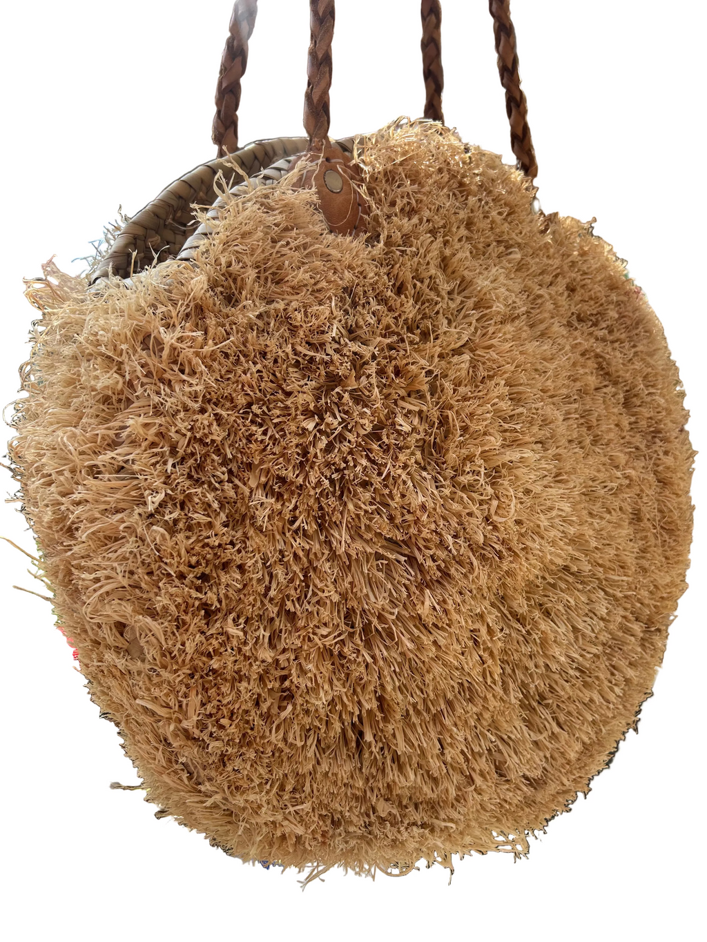 Panier rond en raphia frangé et anses cuir — décoration artisanale marocaine, fait main au Maroc