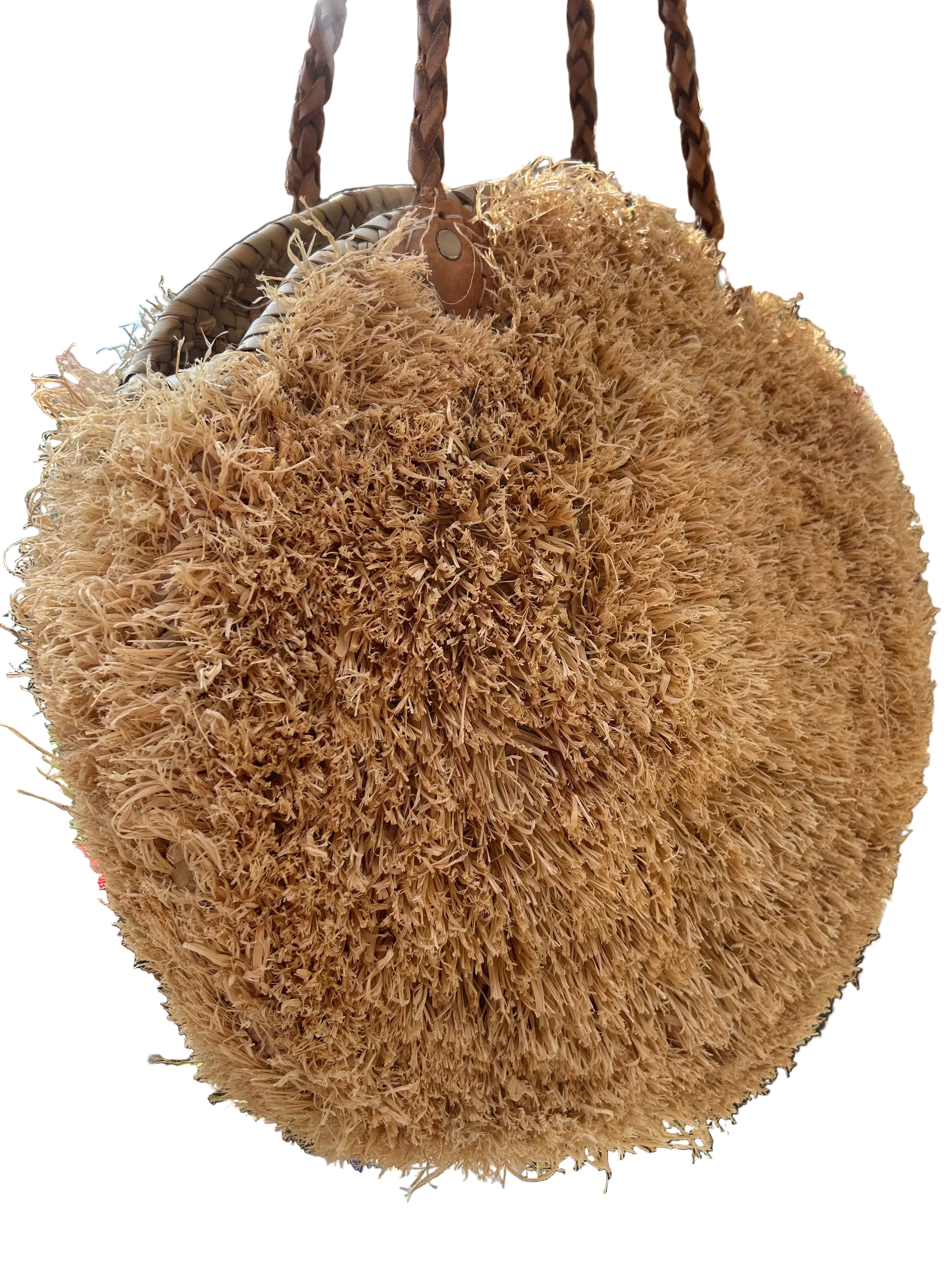 Panier rond en raphia frangé et anses cuir — décoration artisanale marocaine, fait main au Maroc