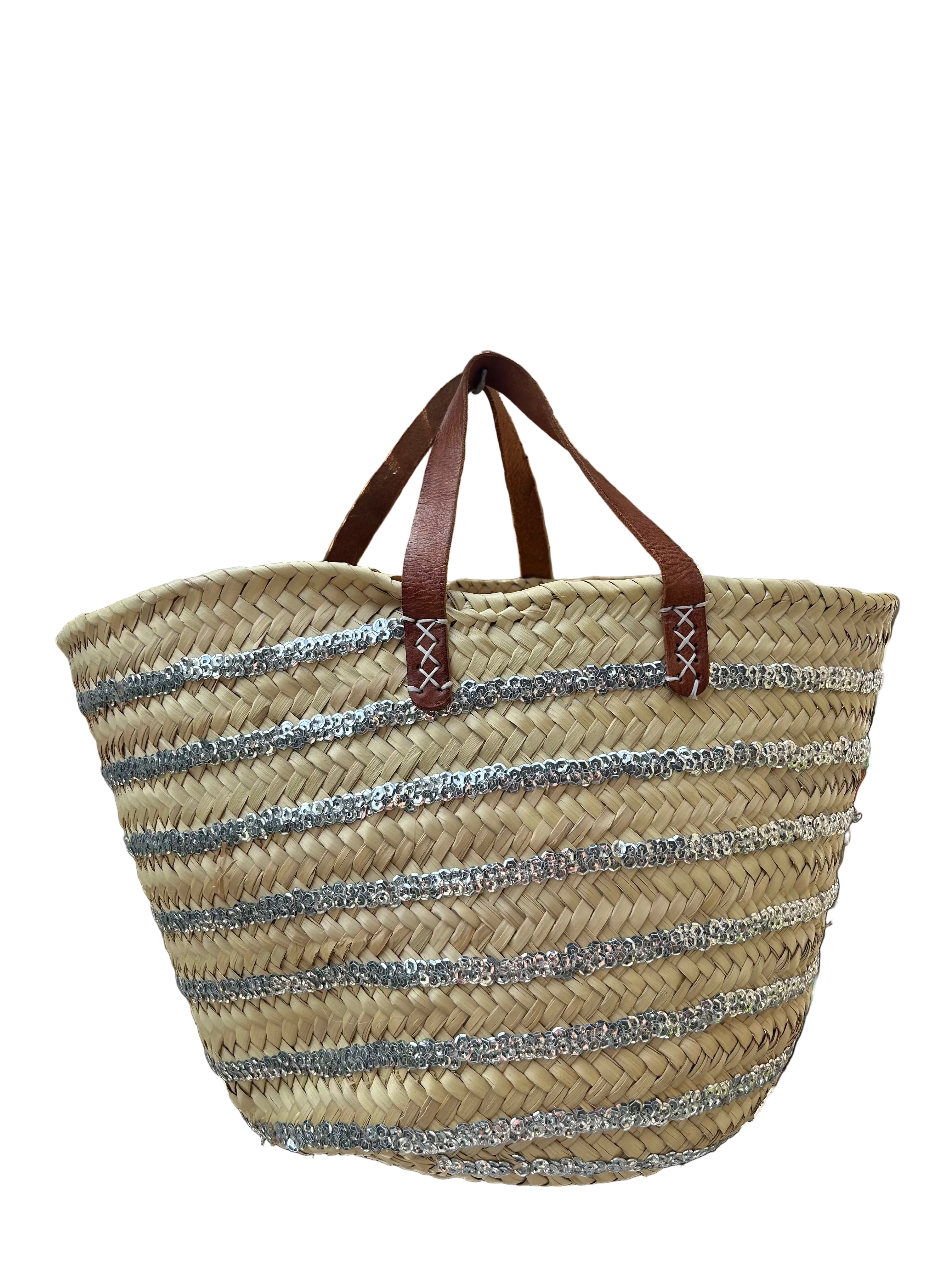 Panier tressé sequins argentés anses cuir — décoration artisanale marocaine, fait main au Maroc