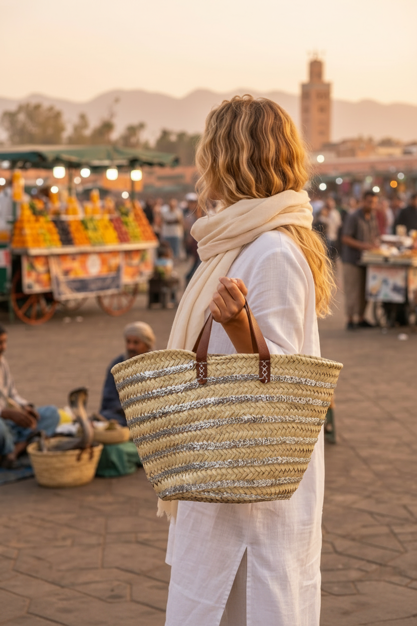 Panier tressé sequins argentés anses cuir — décoration artisanale marocaine, fait main au Maroc