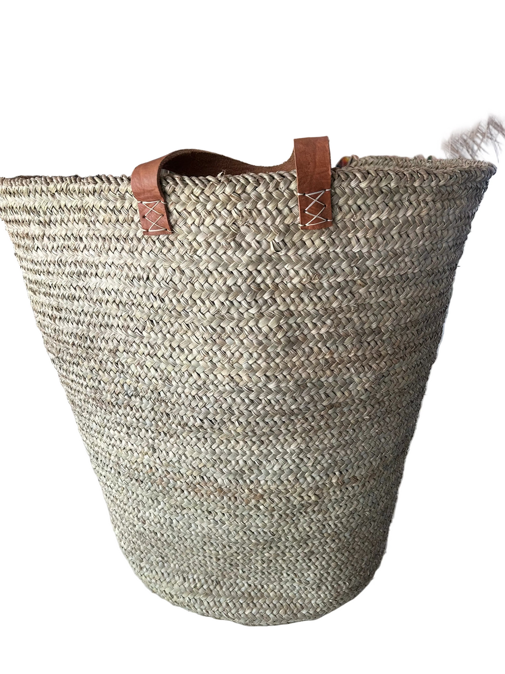 Grand panier de rangement XXL en feuille de palmier et anses cuir — fait main au Maroc