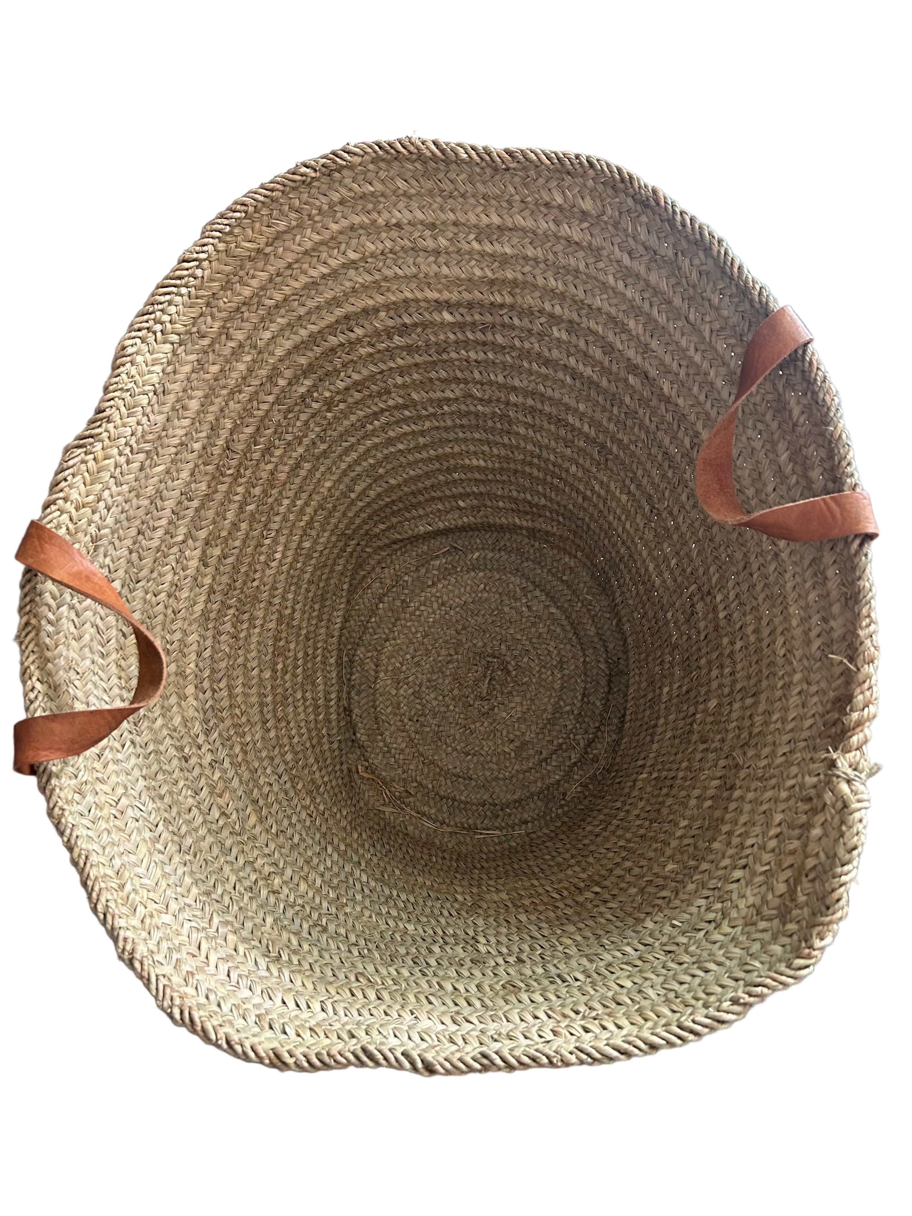 Grand panier de rangement XXL en feuille de palmier et anses cuir — fait main au Maroc