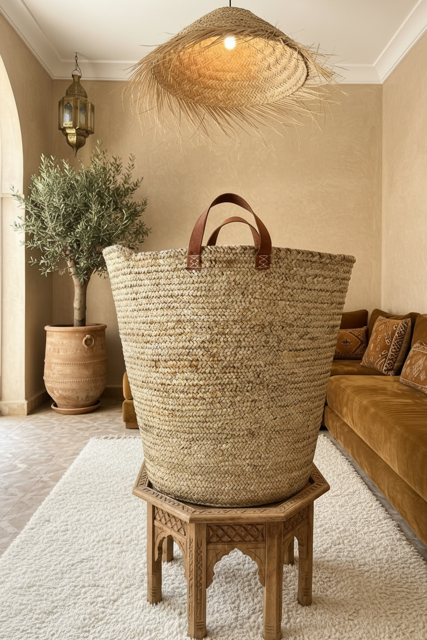 Grand panier de rangement XXL en feuille de palmier et anses cuir — fait main au Maroc