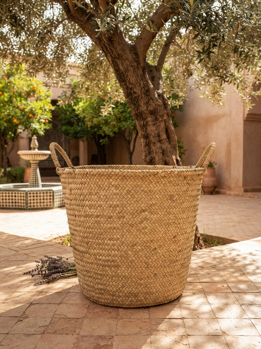 Panier de rangement marocain en feuille de palmier tressée — fait main au Maroc