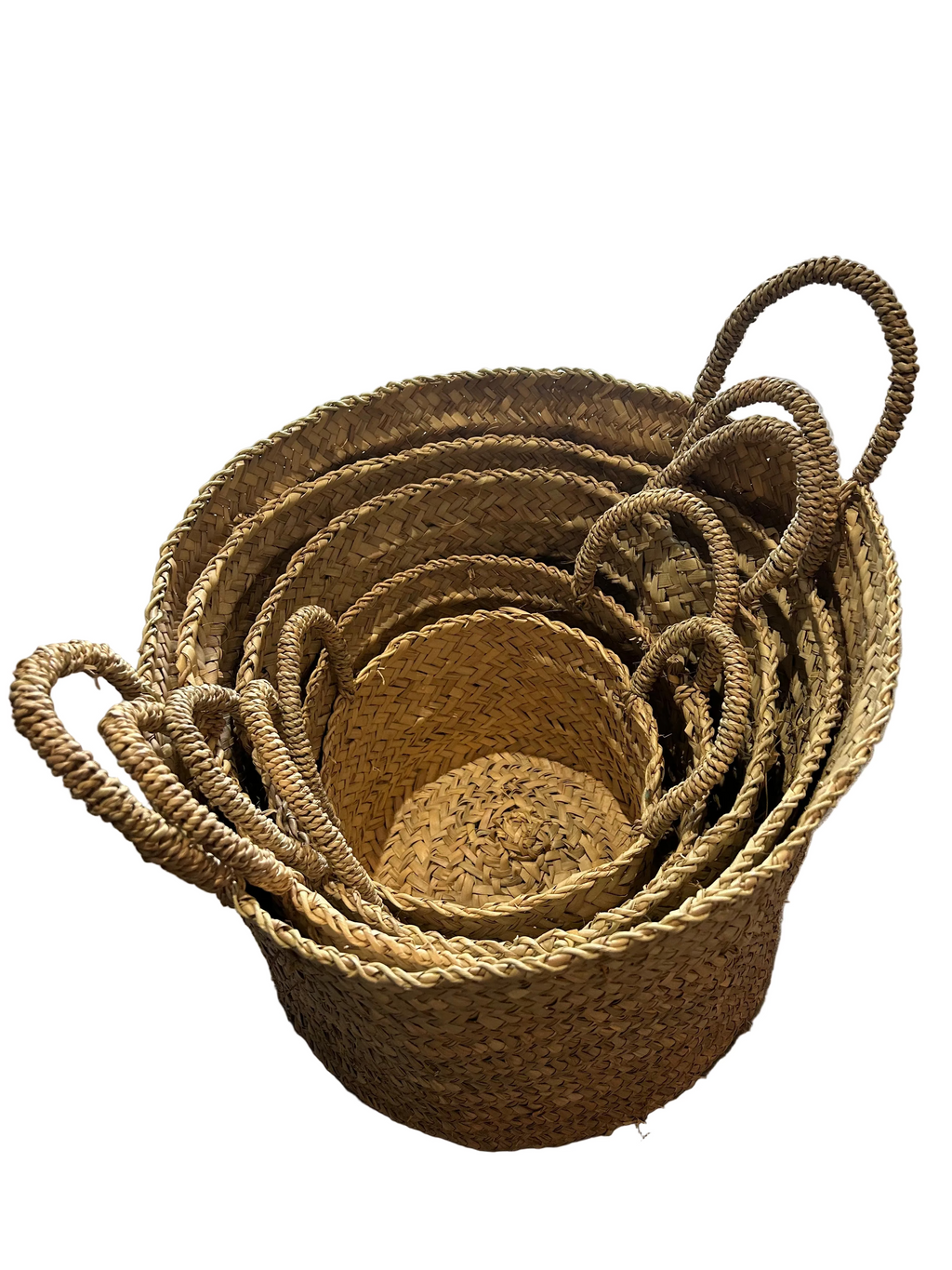 Lot de 5 paniers gigognes marocains en feuille de palmier tressée — fait main au Maroc