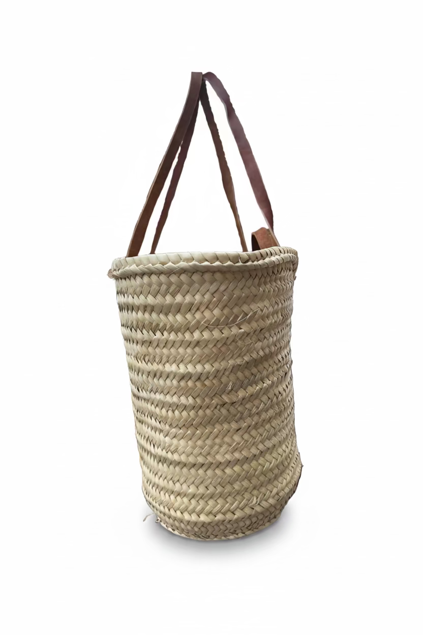 Panier Leïla en fibre naturelle et sangle cuir — décoration artisanale marocaine, fait main au Maroc