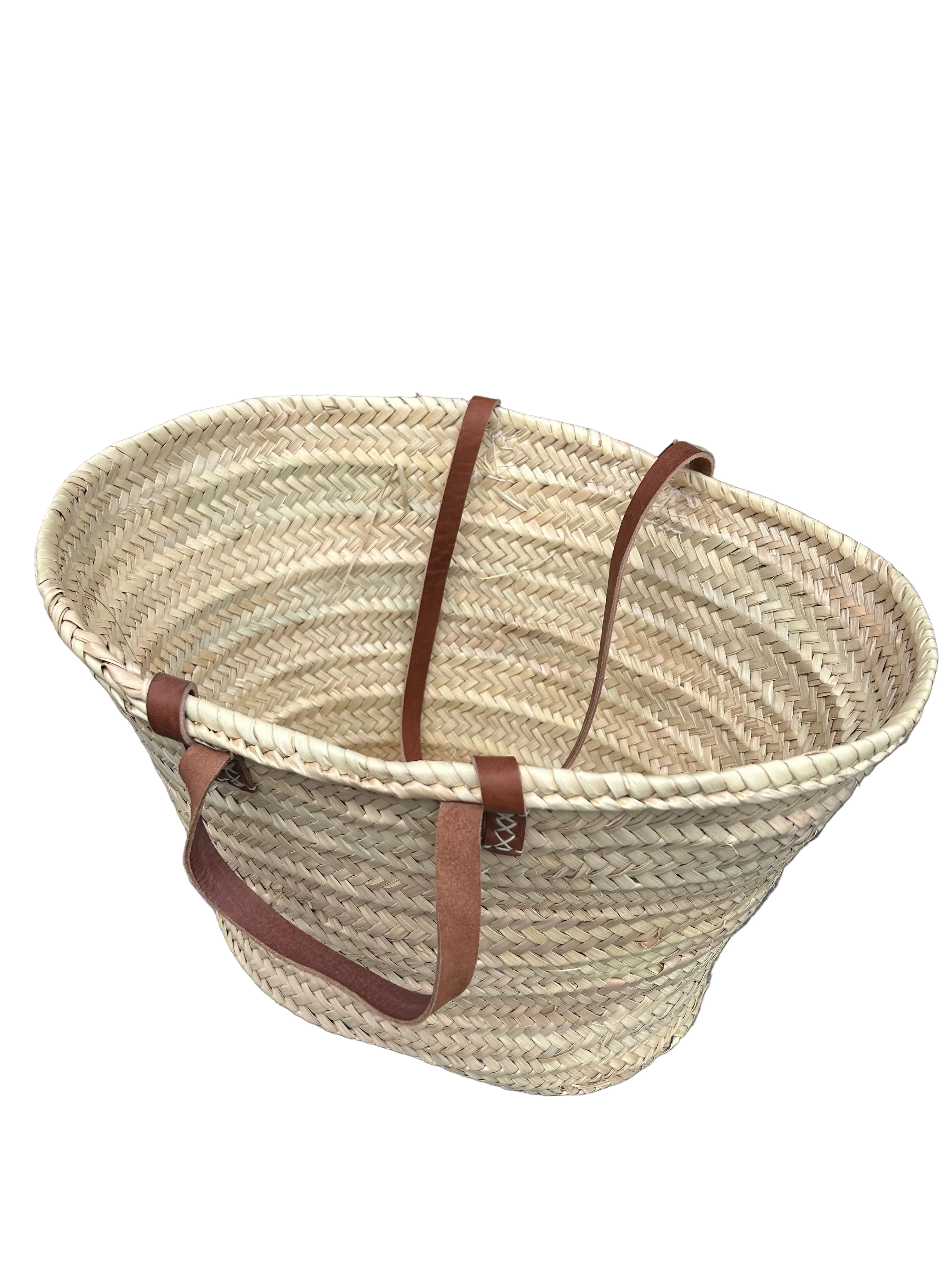 Panier Leïla en fibre naturelle et sangle cuir — décoration artisanale marocaine, fait main au Maroc