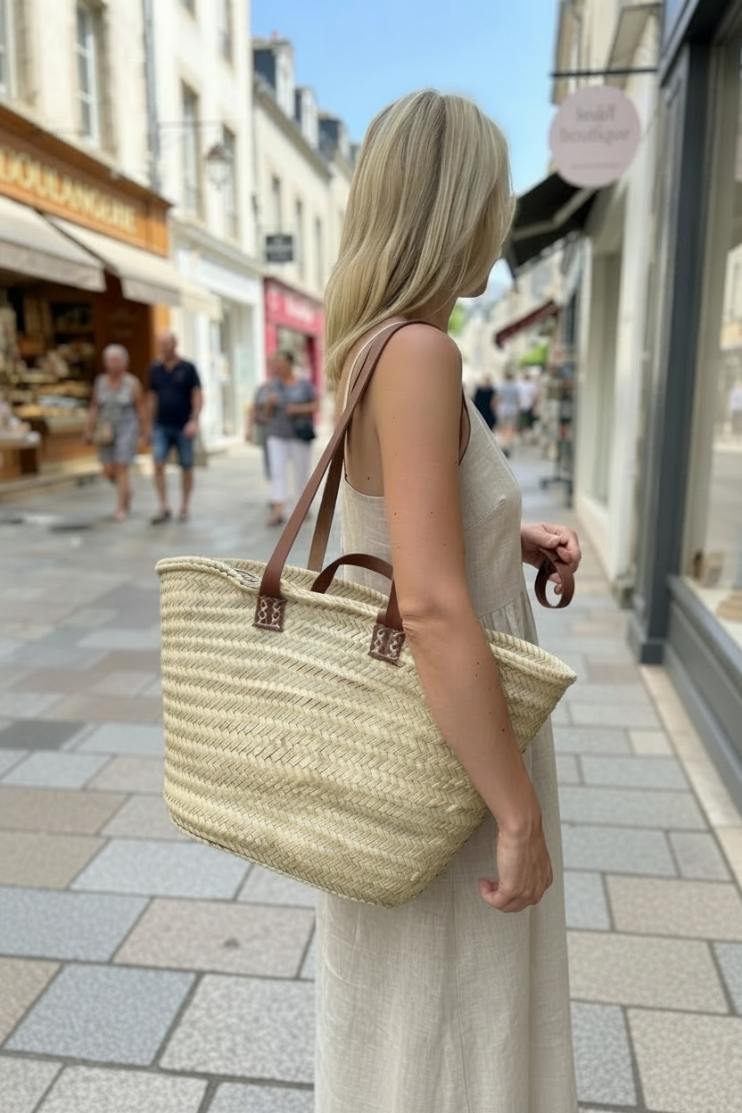 Panier Leïla en fibre naturelle et sangle cuir — décoration artisanale marocaine, fait main au Maroc
