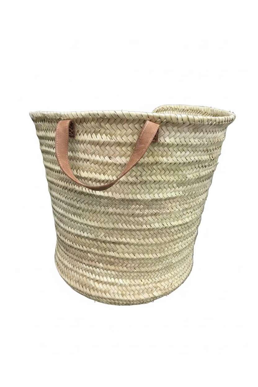 Grand Panier Tressé en Feuille de Palmier – Anses en Cuir :