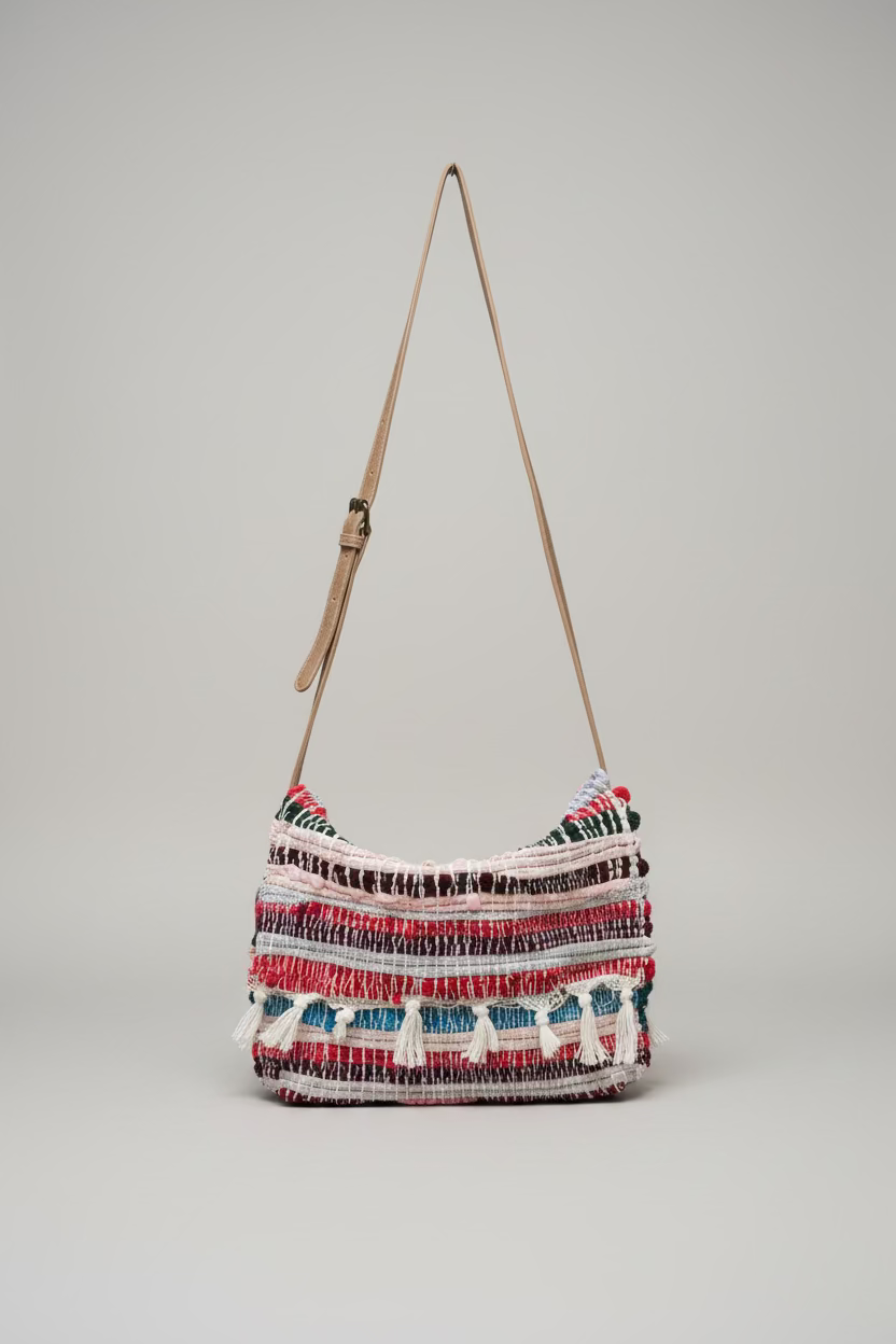Sac besace multicolore en tissu recyclé bandoulière cuir et pompons — artisanat marocain fait main