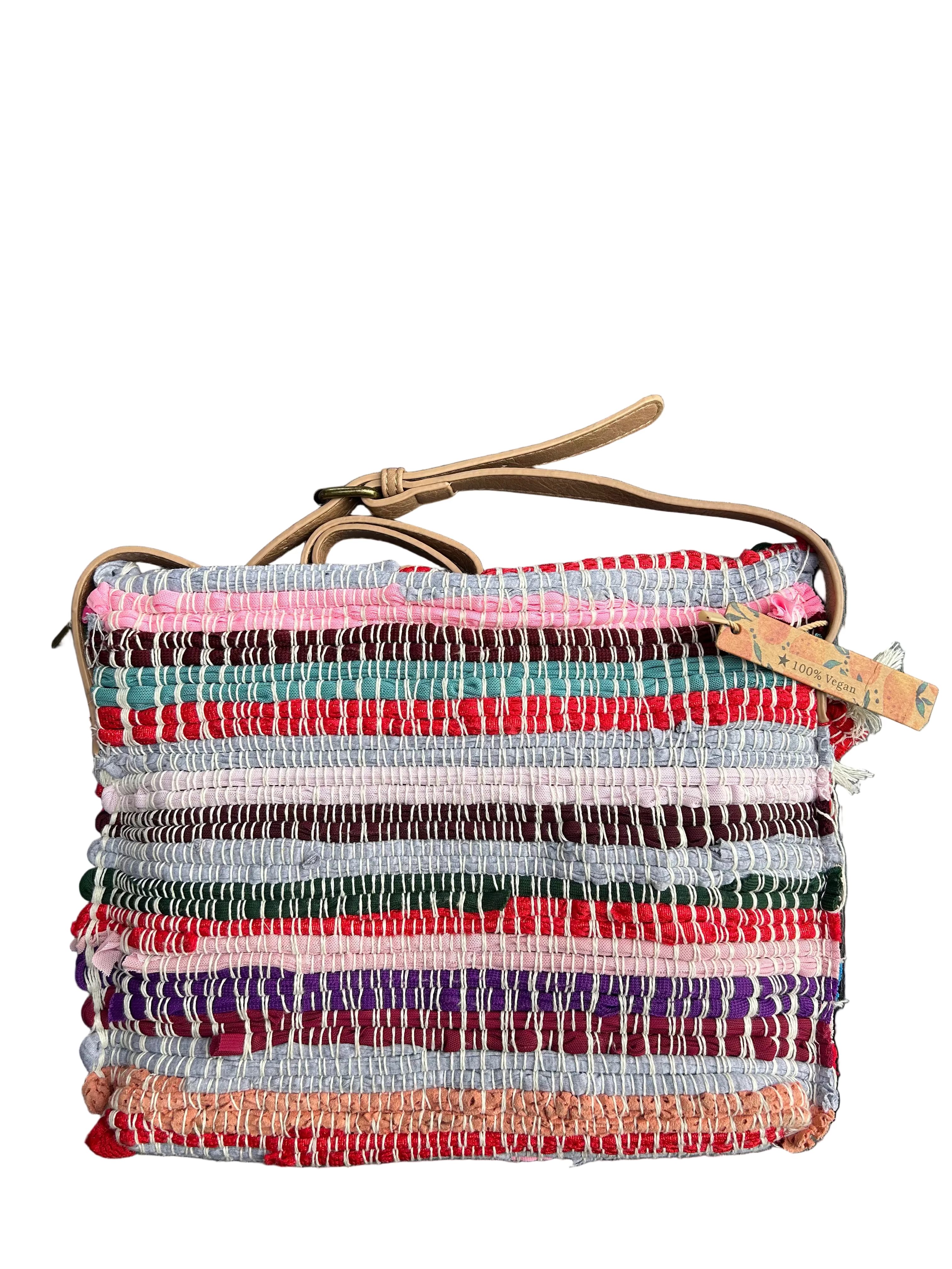 Sac besace multicolore en tissu recyclé bandoulière cuir et pompons — artisanat marocain fait main