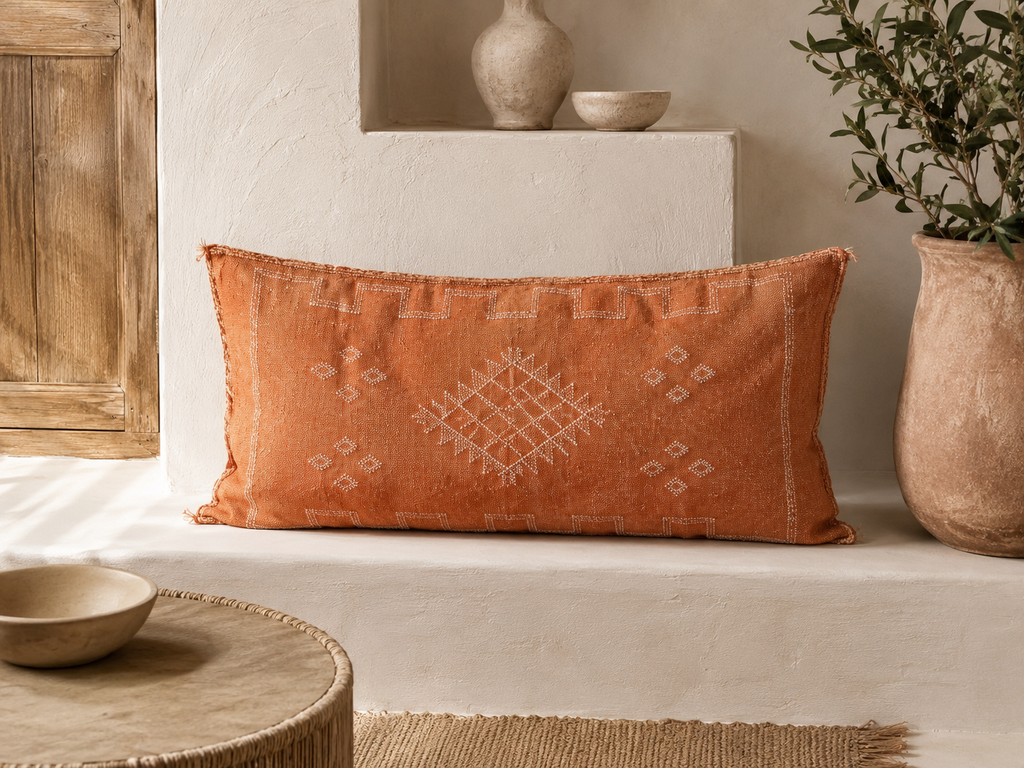 Housse de coussin Sabra orange terracotta et broderies berbères — soie de cactus fait main Maroc
