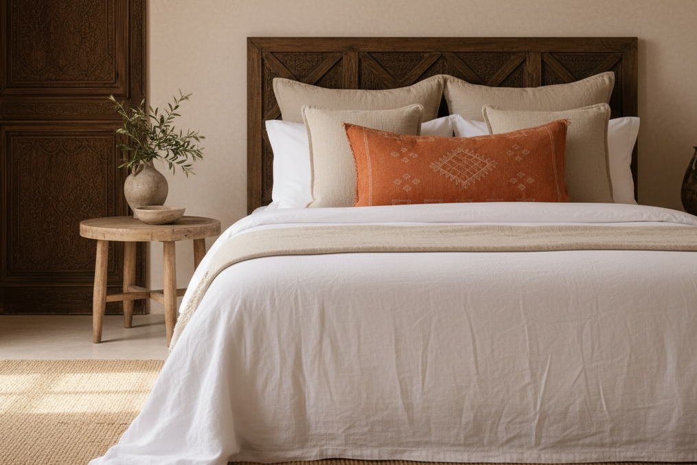Housse de coussin Sabra orange terracotta et broderies berbères — soie de cactus fait main Maroc