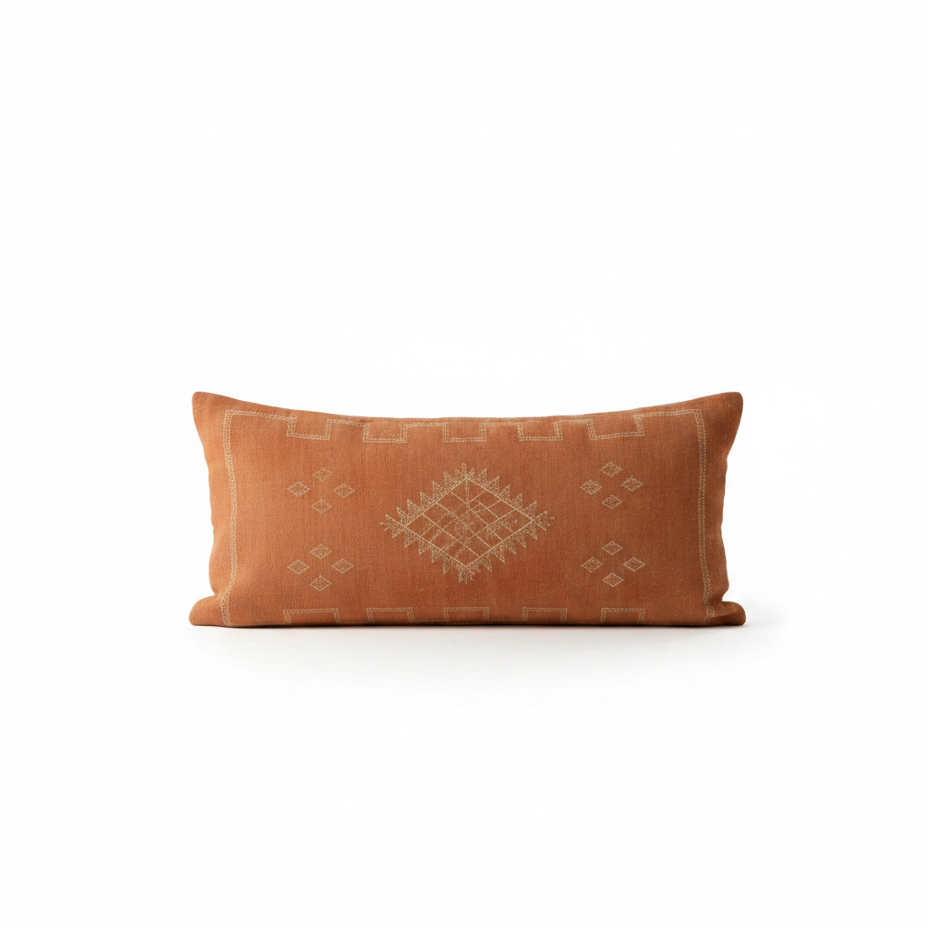 Housse de coussin Sabra orange terracotta et broderies berbères — soie de cactus fait main Maroc