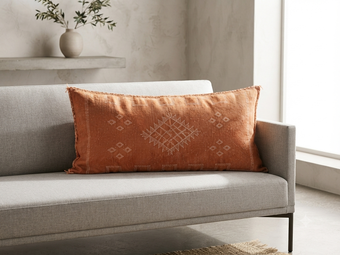 Housse de coussin Sabra orange terracotta et broderies berbères — soie de cactus fait main Maroc