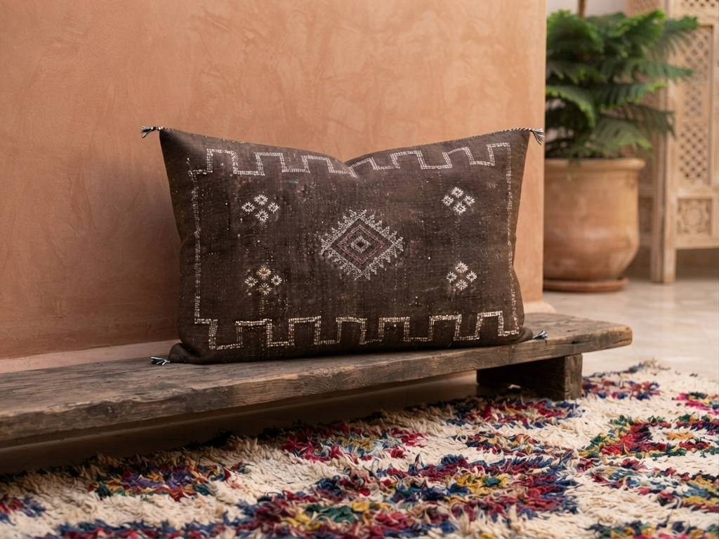 Housse de coussin Sabra marron chocolat et broderies berbères — soie de cactus fait main Maroc