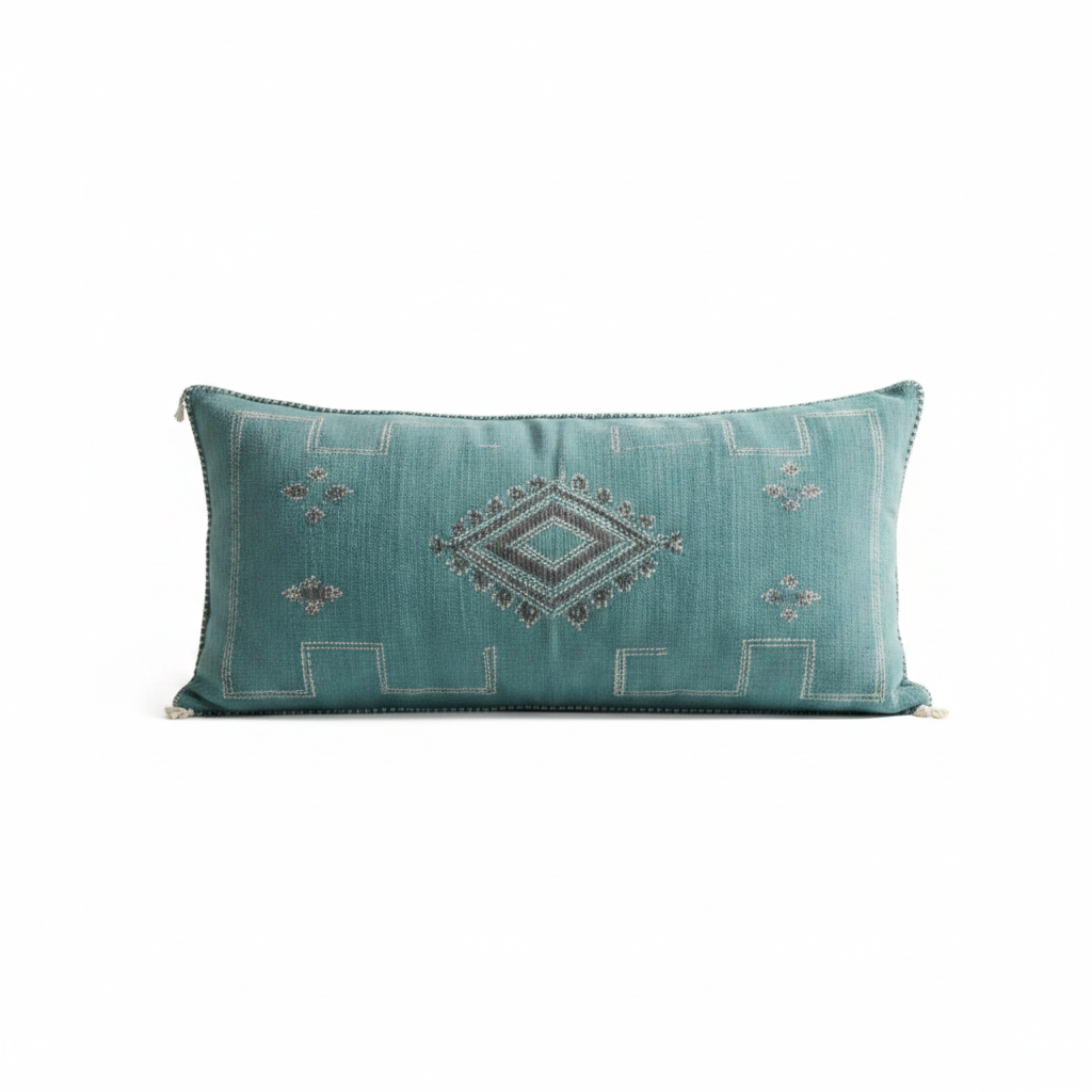 Housse de coussin Sabra bleu azur et broderies berbères — soie de cactus fait main Maroc