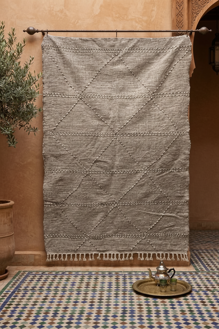 Tapis berbère kilim en laine et coton tissé main au Maroc — 250 x 160 cm pièce unique
