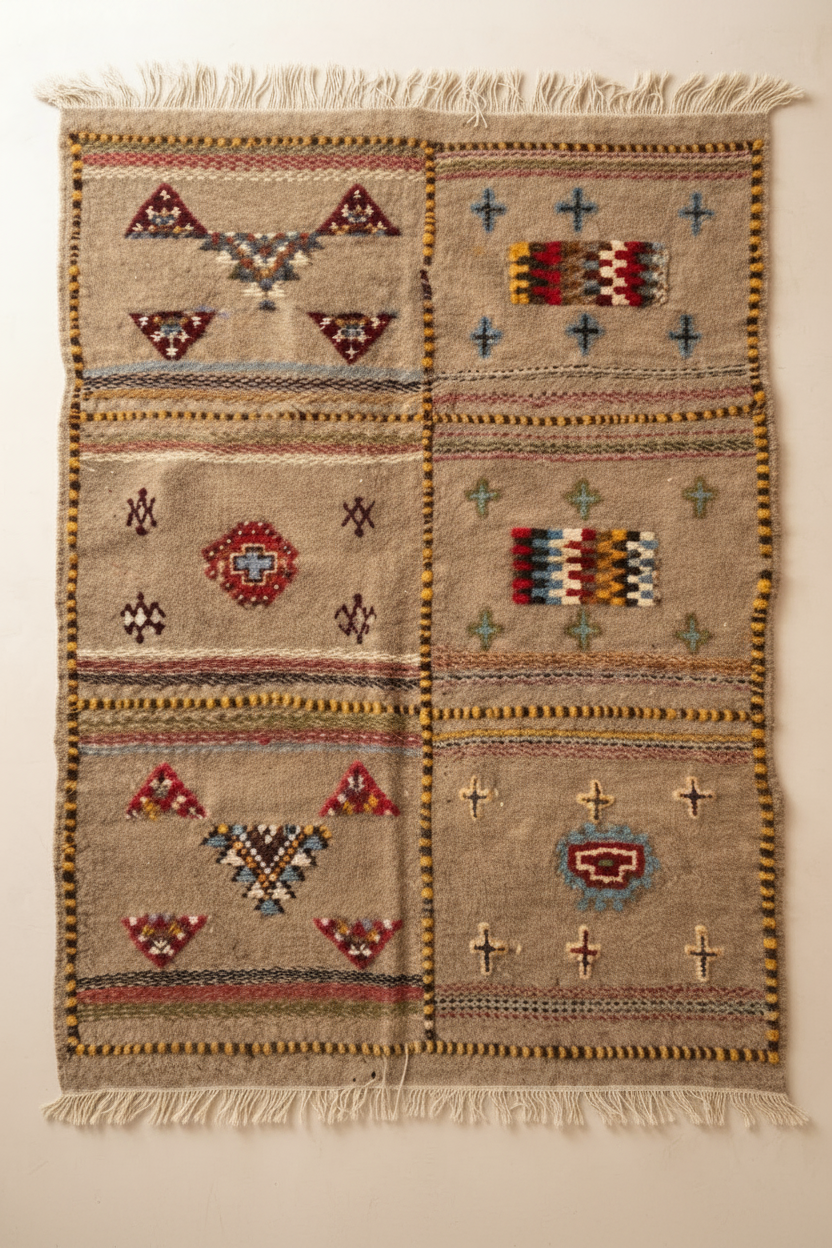 Tapis kilim berbère motifs tribaux en laine naturelle — tissé main pièce unique Maroc