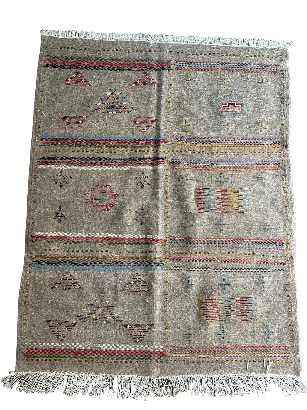 Tapis kilim berbère motifs tribaux en laine naturelle — tissé main pièce unique Maroc