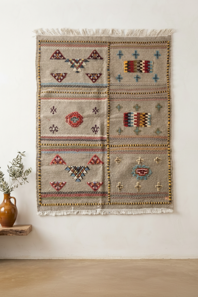 Tapis kilim berbère motifs tribaux en laine naturelle — tissé main pièce unique Maroc
