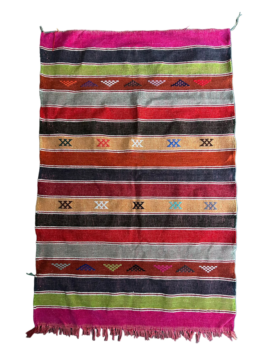 Kilim berbère multicolore à rayures en laine artisanale — tissé main Maroc