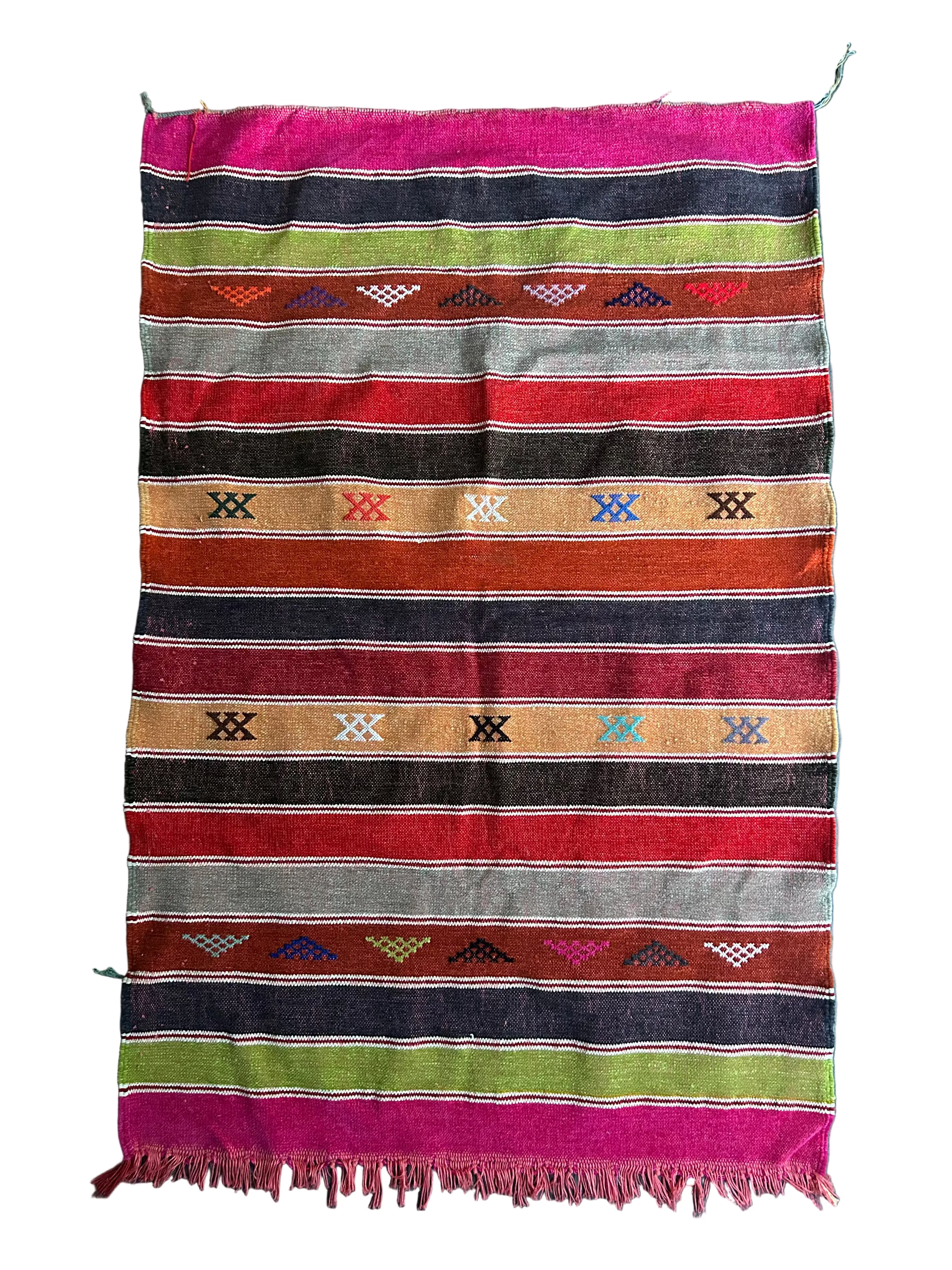 Kilim berbère multicolore à rayures en laine artisanale — tissé main Maroc