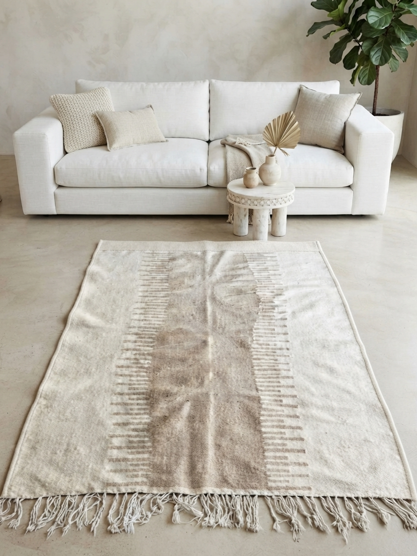 Tapis kilim ivoire motifs géométriques berbères — 160 x 110 cm tissé main Maroc